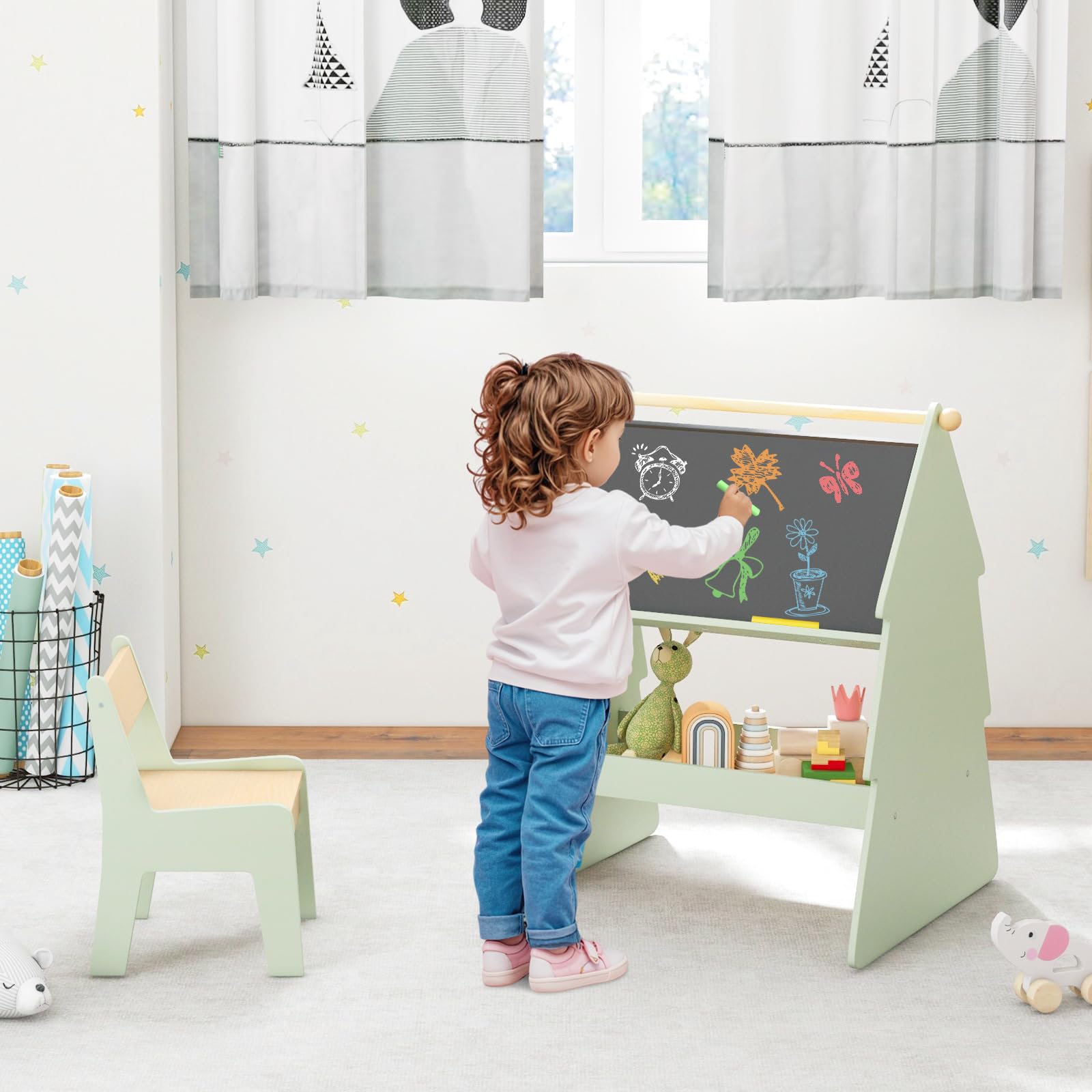GOPLUS Juego de Caballete y Silla para Niños, Caballete con Pizarra Doble Cara, Mesa y Silla de Dibujo para Niños, con Bobina y Estante para Materiales, Caballete con Forma de Árbol para Pintar