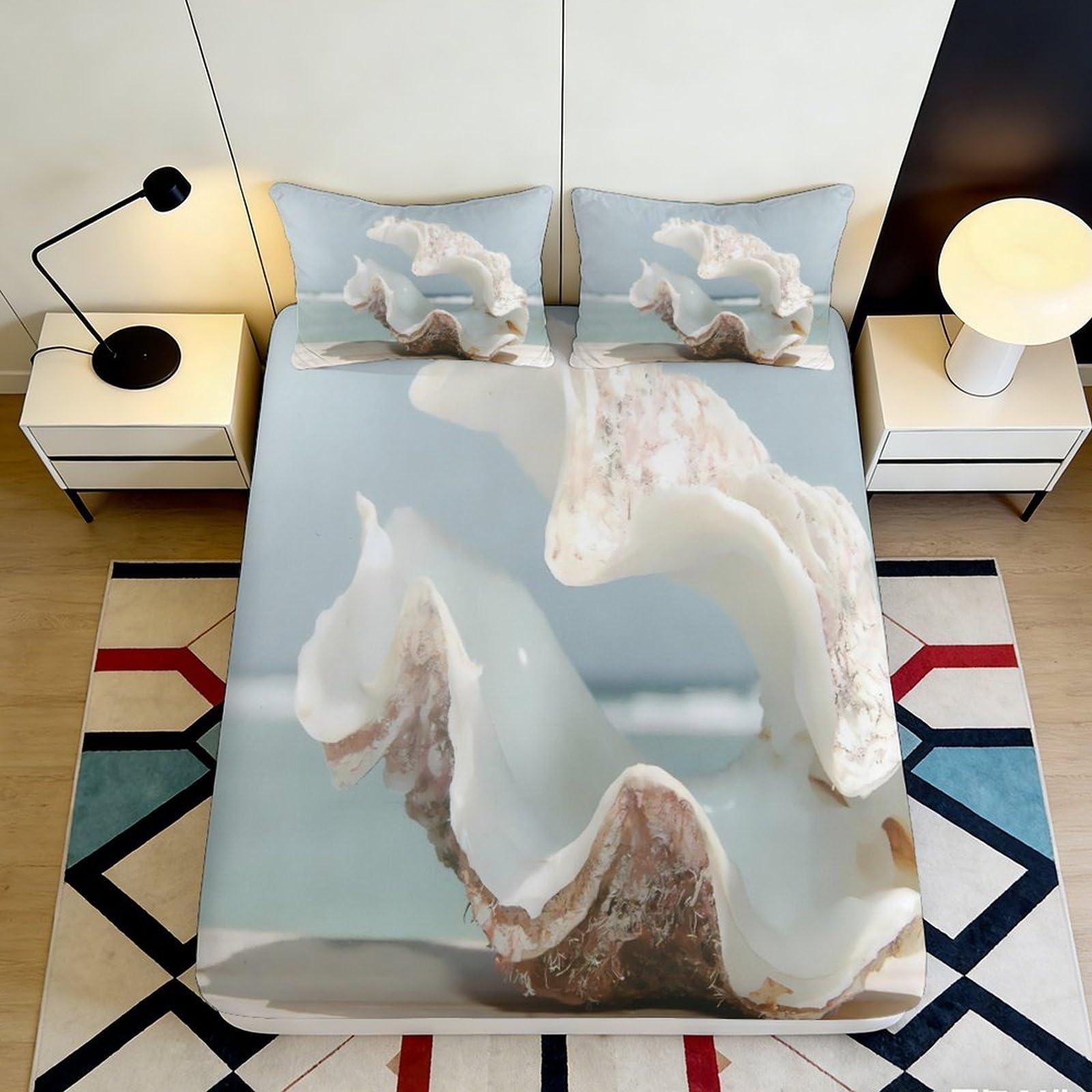 3D Printed Seashell Beach Fitted Sheet Microfiber Soft Breathable Ocean Wave Mattress Cover Washable Bedroom Decor 90x200x25cm