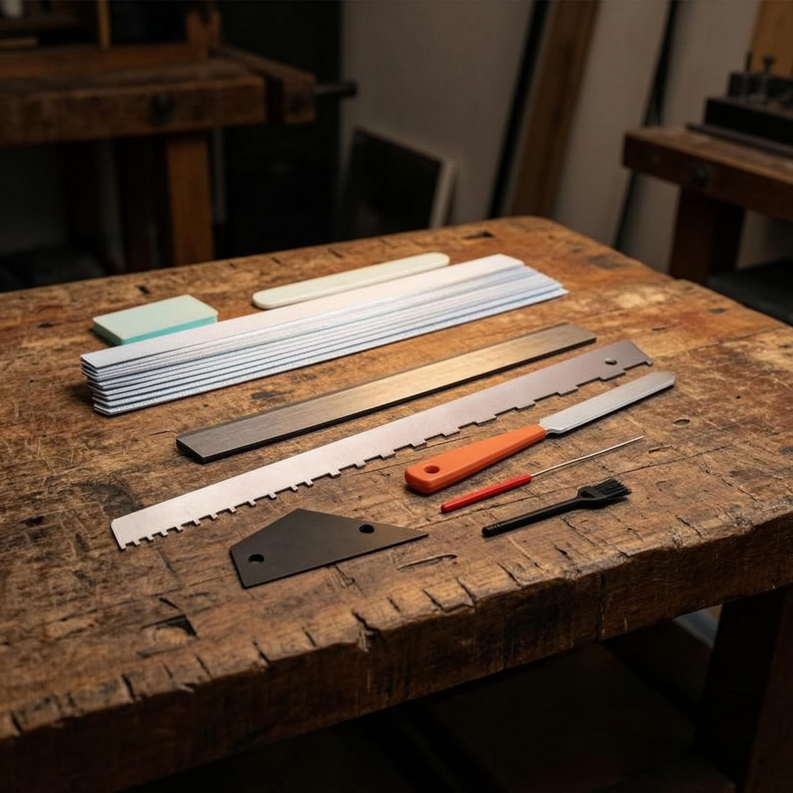 set Gitarren Reparaturset Pflege Kit Einstellwerkzeug Bundabrichtwerkzeug mit Metall Maßkante Kerblineal Feilen Schleifblöcken für Werkstatt Heimanwendung Proberaum
