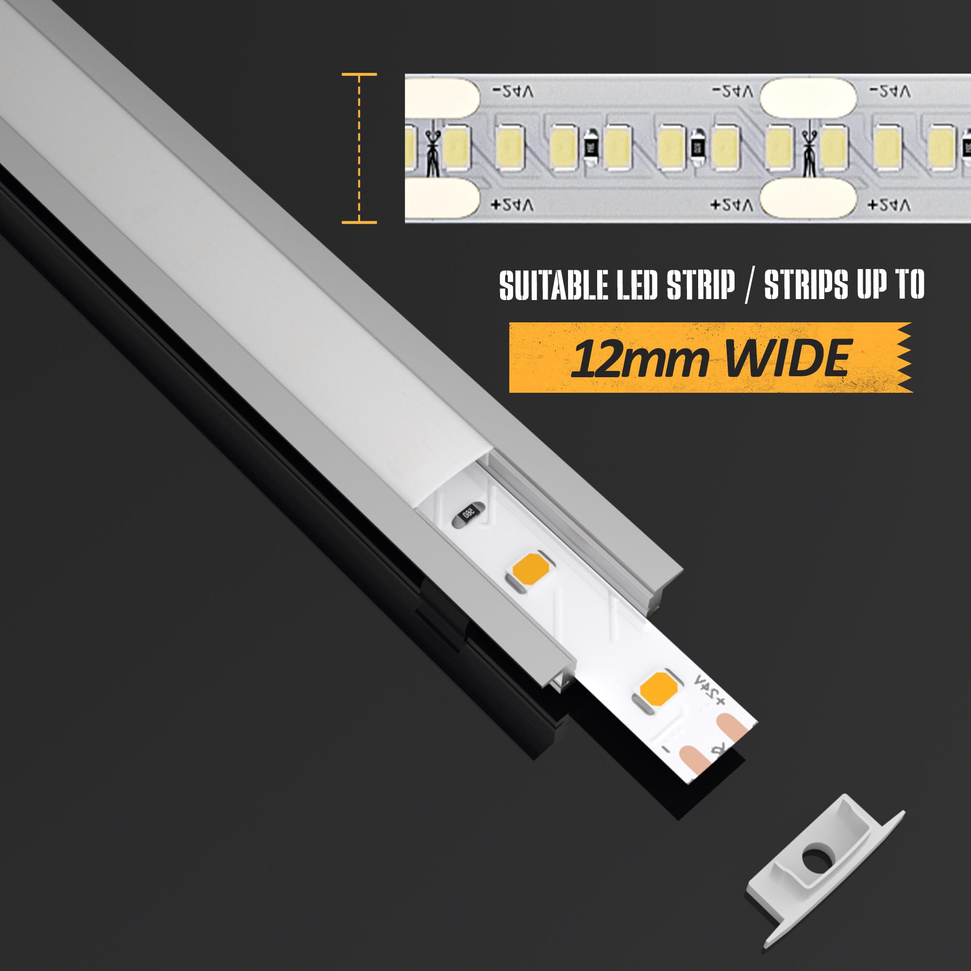 Perfil Aluminio Tira LED 2m (6 Unidades), Perfil LED con Difusor LED Opaco, Canaleta Tira LED para Tiras de Hasta 12mm, Incluye Tapas y Clips de Montaje - Tamaño 24.7 × 7mm (6*2M(Total 12M))