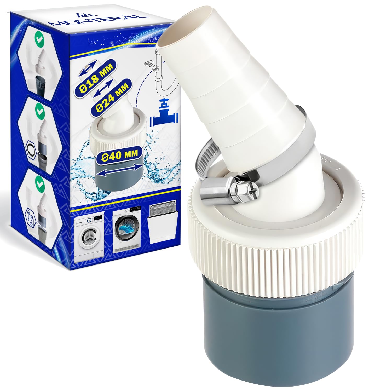 Washing Machine Drain Adapter and for the Dishwasher Connection Drain for Hose with Inlet Diameter 18-24 mm and Outlet 40 mm with 1 Piece of Hose Clamp Diameter 20-32 mm - Warranty 10 Years - MONTERAL