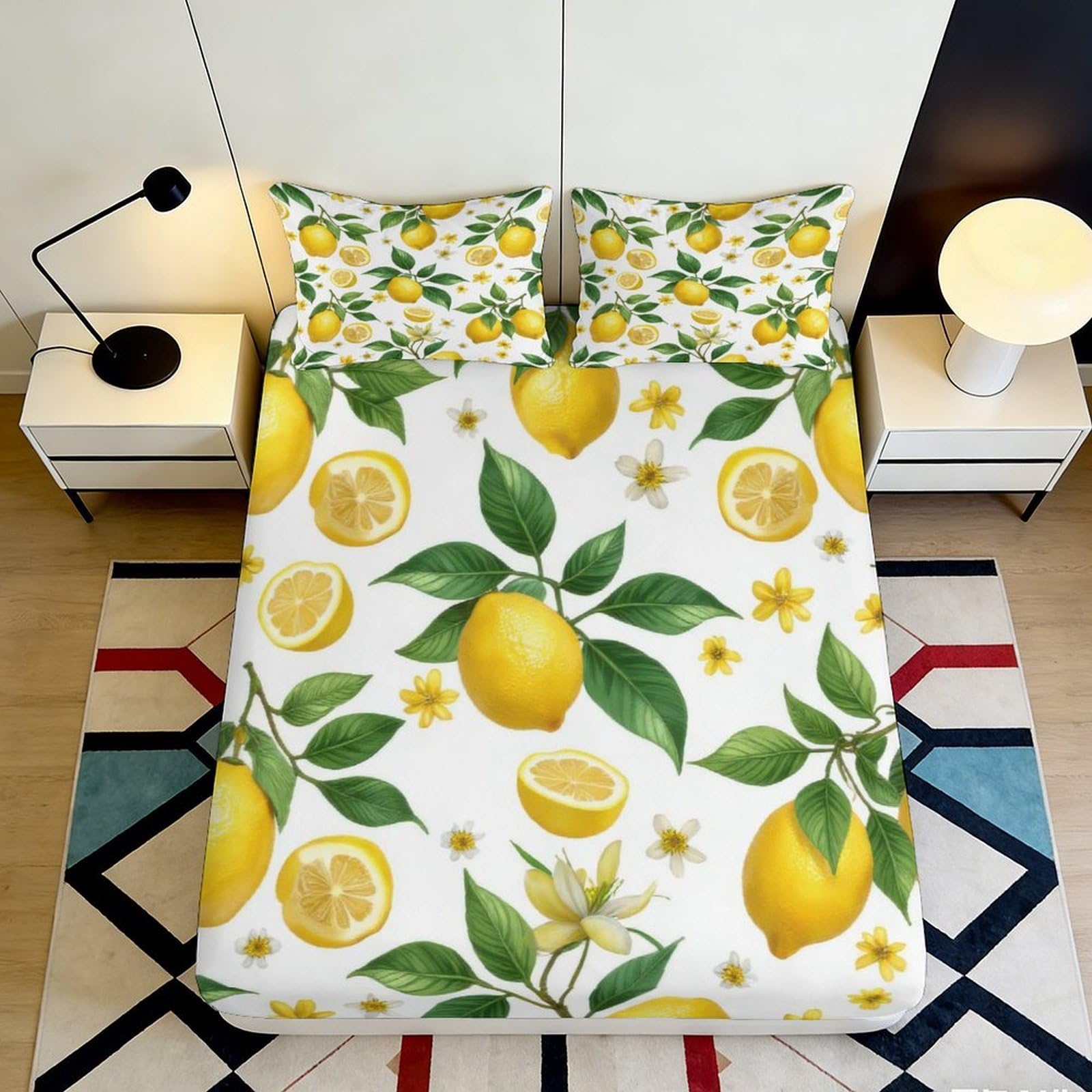 3D Printed Lemon Botanical Fitted Sheet Microfiber Bedroom Decor Citrus Fruit Mattress Cover Easy Care 90x200x25cm