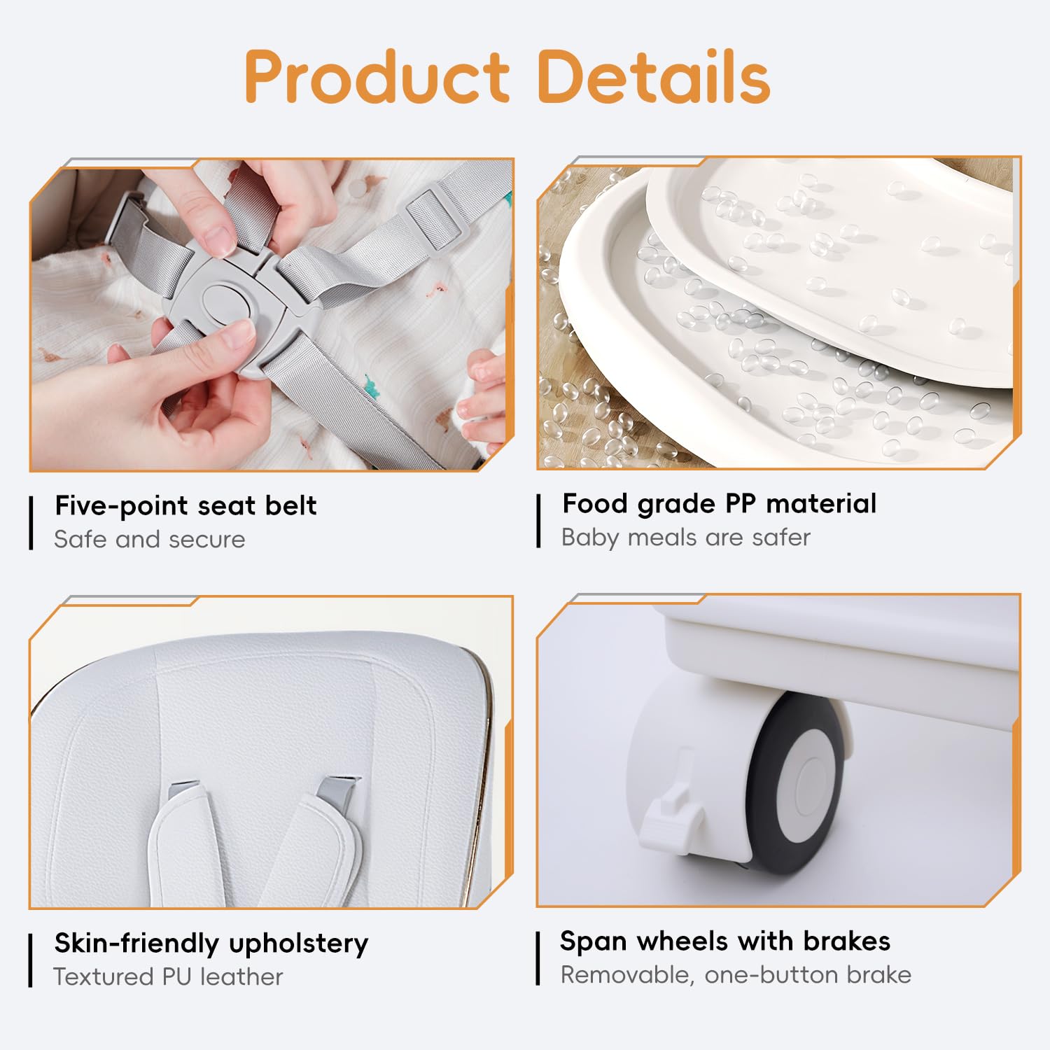 Seggiolone Pappa, Ergonomico, Confortevole, Regolabile, Pieghevole, Ripiano Smontabile, per Bambini, 6 Mesi - 3 Anni, 80x 53 x104cm (Bianco)