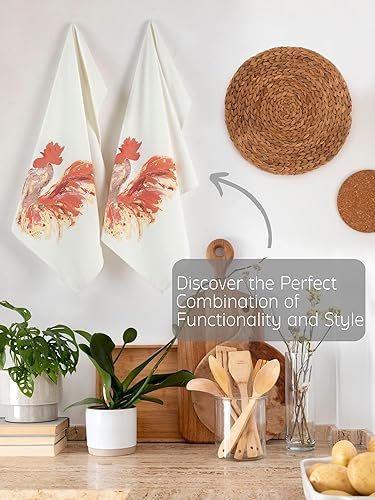 Miniatura 4 de Juego de 2 paños de cocina de algodón absorbente (20 x 30 pulgadas), duraderos y de gran tamaño, diseño de granja con gallo bohemio, lazo para