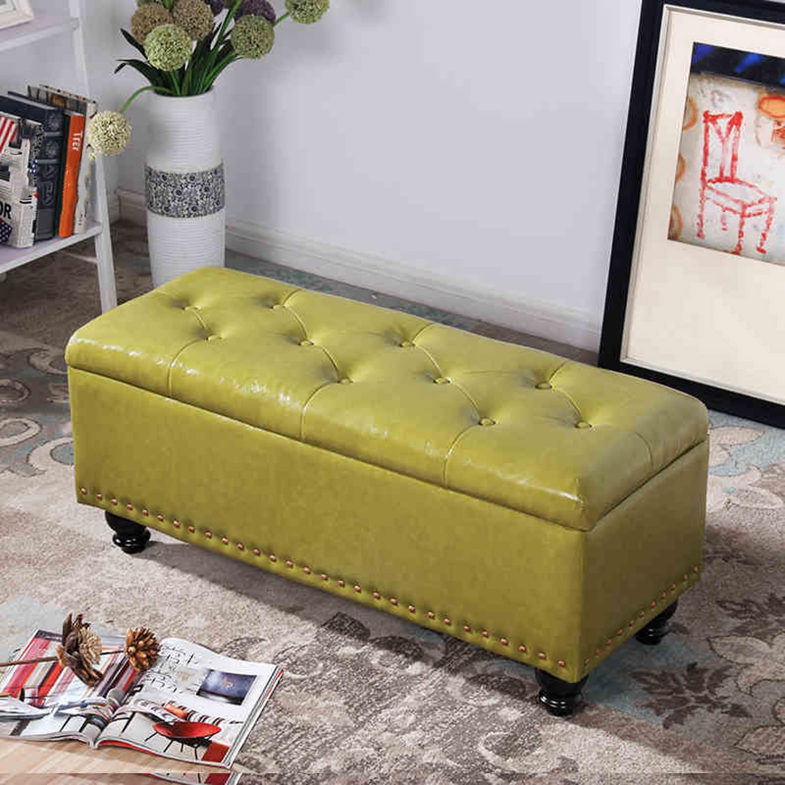 Banc de rangement ottoman raffiné en pin avec assise capitonnée élégante
