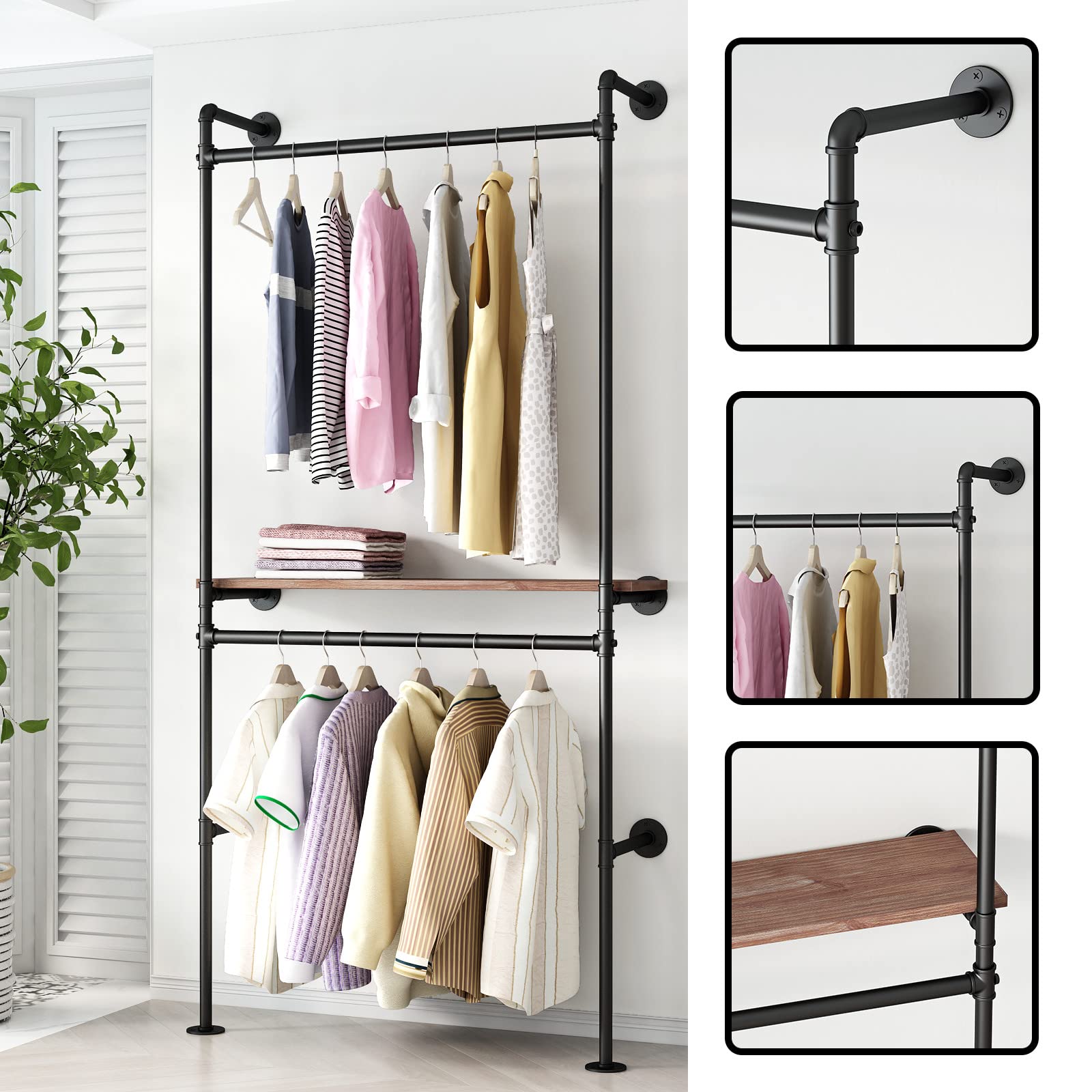 Photo 1 of DR.IRON Industrial Pipe Clothing Racks with Vintage Shelves, Wall Mounted Black Clothes Rack with Double Hanging Rods Heavy Duty Garment Storage Rack Display Racks Rod for Clothes,Laundry Room