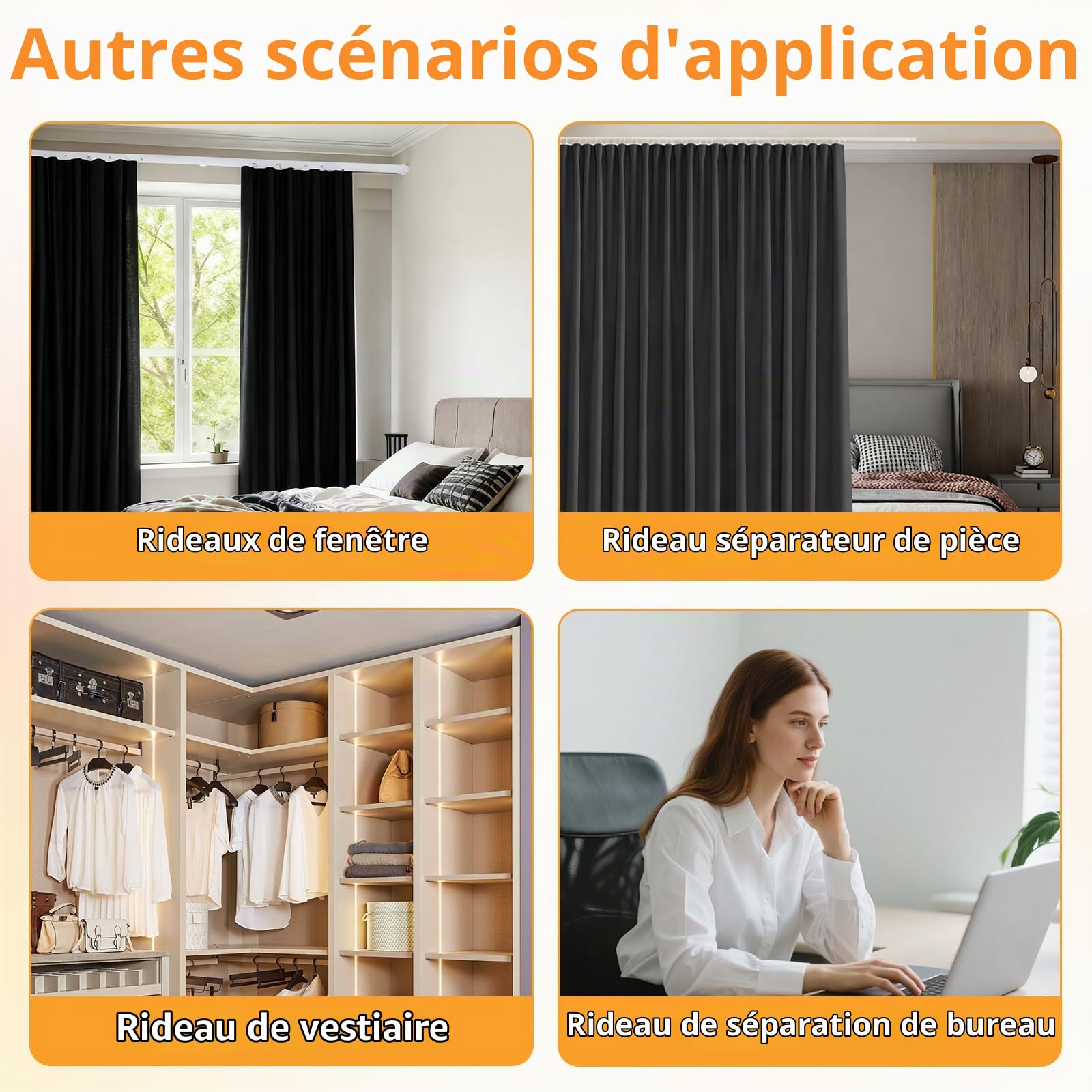 Rideau Séparateur De Pièce Avec Rail De Plafond Flexible Ajustable 3M, Montage Au Plafond Sur Rails, Pour Salon, Chambre, Bureau (Noir - H 220 X 270 Cm, 1 Panneau)