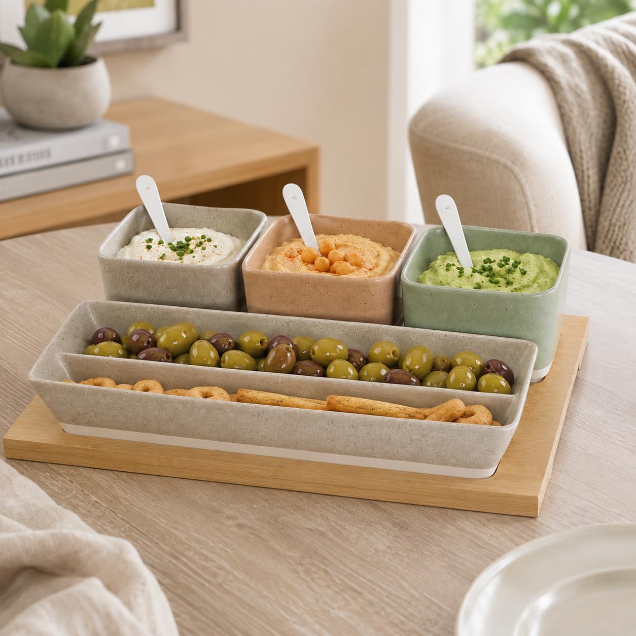 Generico Set apéritif 8 pièces avec plateau en bambou et bols en porcelaine