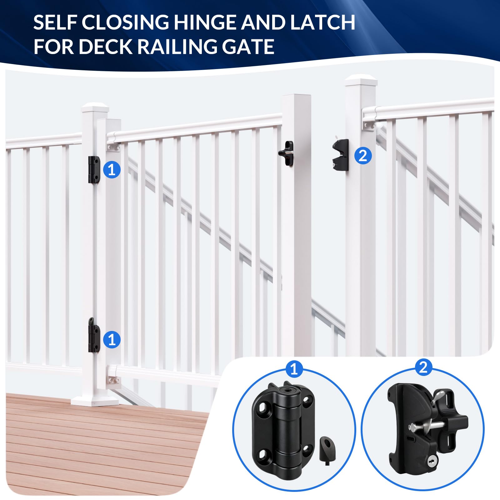 Egadis Charnières de portail à fermeture automatique de qualité supérieure avec loquet verrouillable à clé | Kit de quincaillerie pour portail extérieur robuste pour terrasse, porche, portails de cour