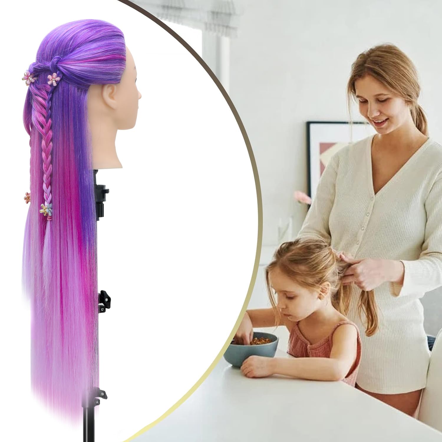 Testa Per Parrucchiere, 28 inch 100% Sintetica Testina Parrucchiere Capelli Testina Per Parruchieri Testina Parrucchiere Capelli con Staffa+ DIY Accessori Per Capelli (Viola rosso rosa)