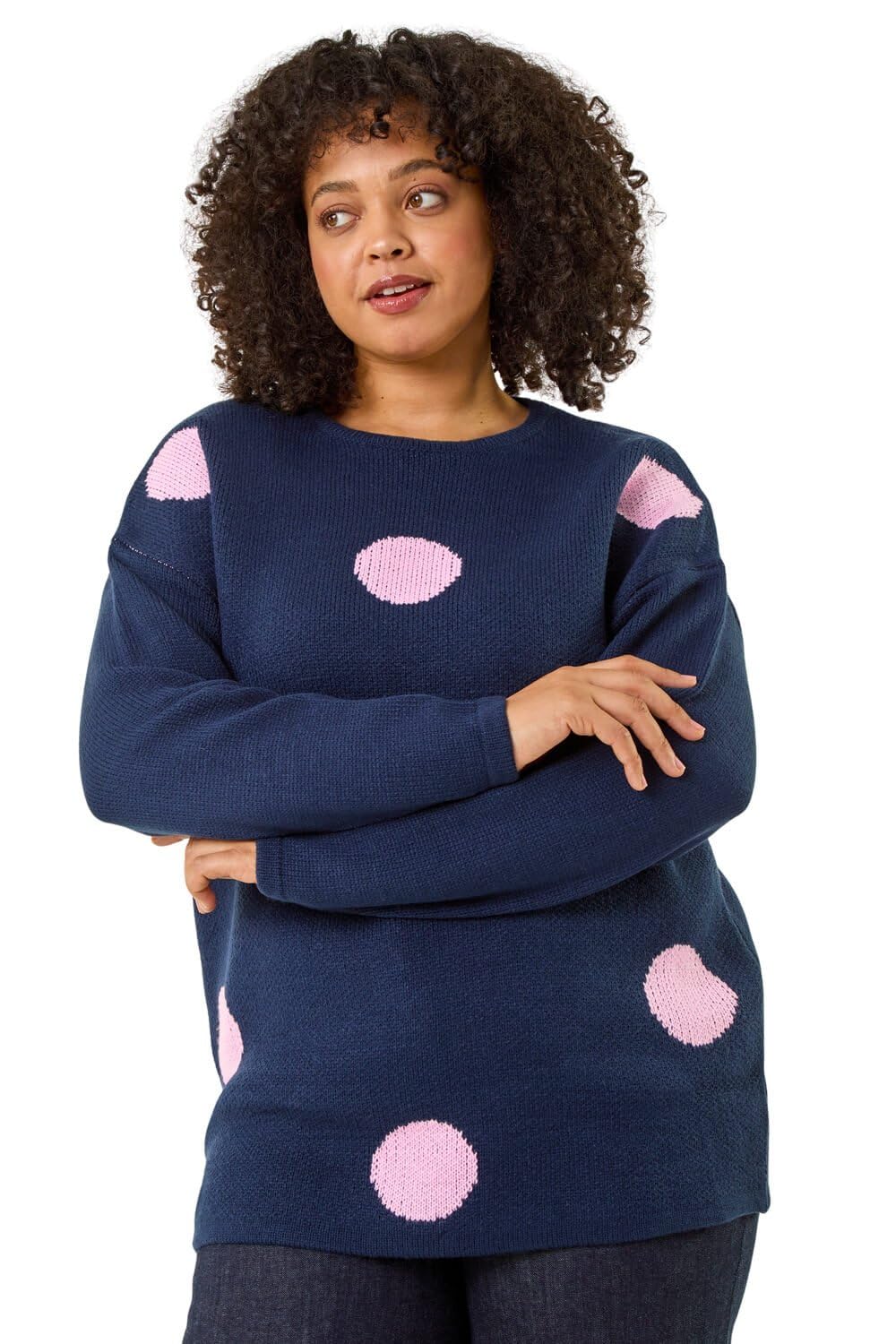 Roman Women's Navy Curve Large Spot Knit Jumper In | Size: 26/28