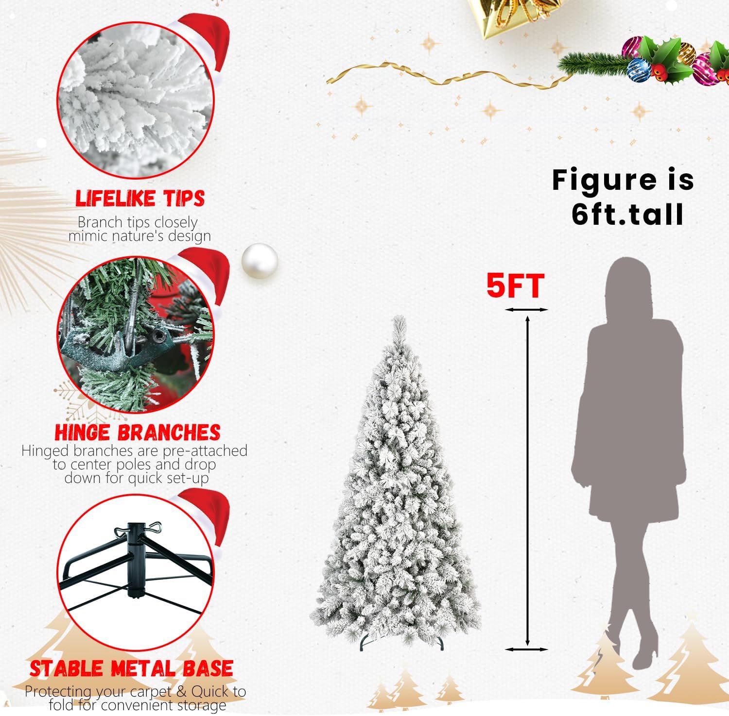 7.5FT Flocked Christmas Tree – 1252 Tips, Snowy PVC & Hard Needle Branches, Hinged Setup, Metal Stand – Realistic Full-Body Holiday Tree