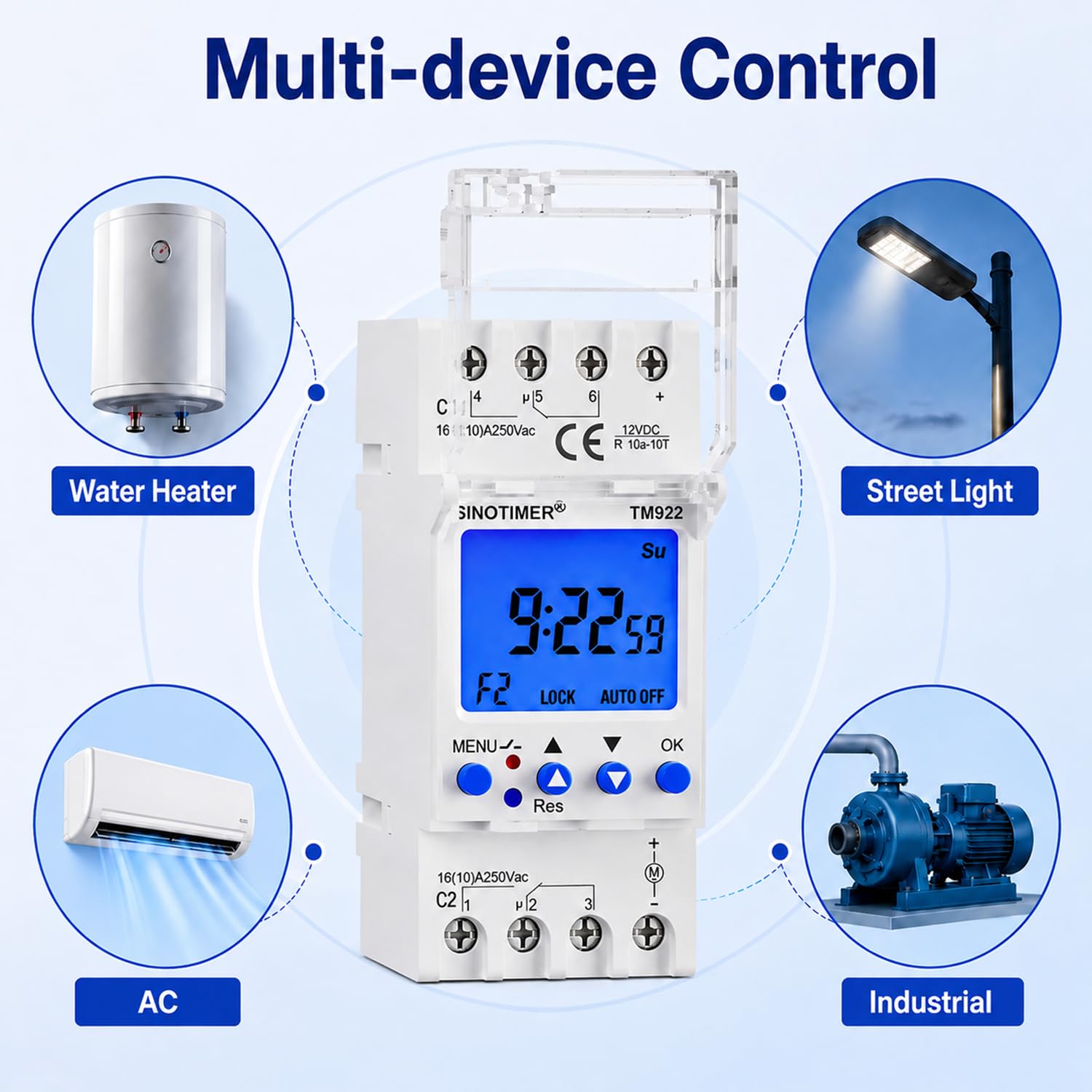 Temporizador programable de 2 canales de alimentación CC/CA de 12 V, pantalla LCD grande, interruptor de tiempo, relé doble, 16 A con retroiluminación azul