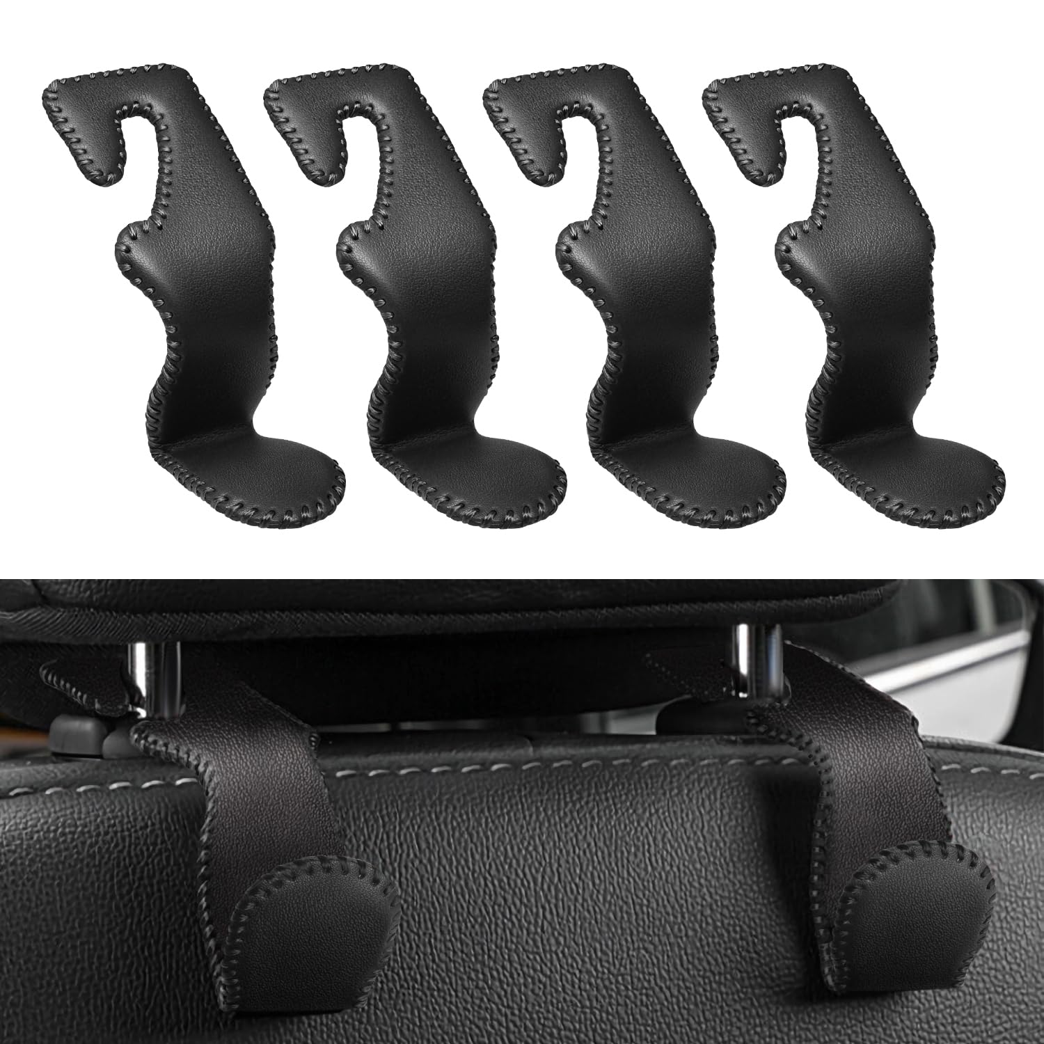 MEALAM 4 Pack Superior Leather Car Seat Headrest Hooks with 44 Pounds Load Capacity, Hangers Storage Organizer Universal Car Interior Accessories for