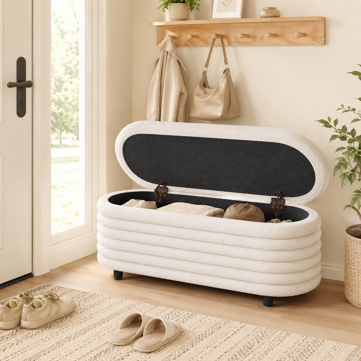 Guyii Sitzbank mit Stauraum aus Lammfellimitat – Beige Polsterbank fürs Schlafzimmer, Bettbank & Bank mit Stauraum – Weiche Sitzbank Schlafzimmersitzbank, Polsterbank mit Stauraum modern