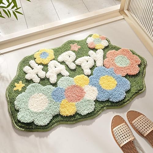 Gavi Enterprise Tomato Bath Mat: Super Soft Shaggy Kids Bathroom Rug, Anti-Skid, Absorbent, Cute Cartoon Fruit Design, Non-Slip Floor Mat (60 x 40 Cm) (Happy Flower Mat)