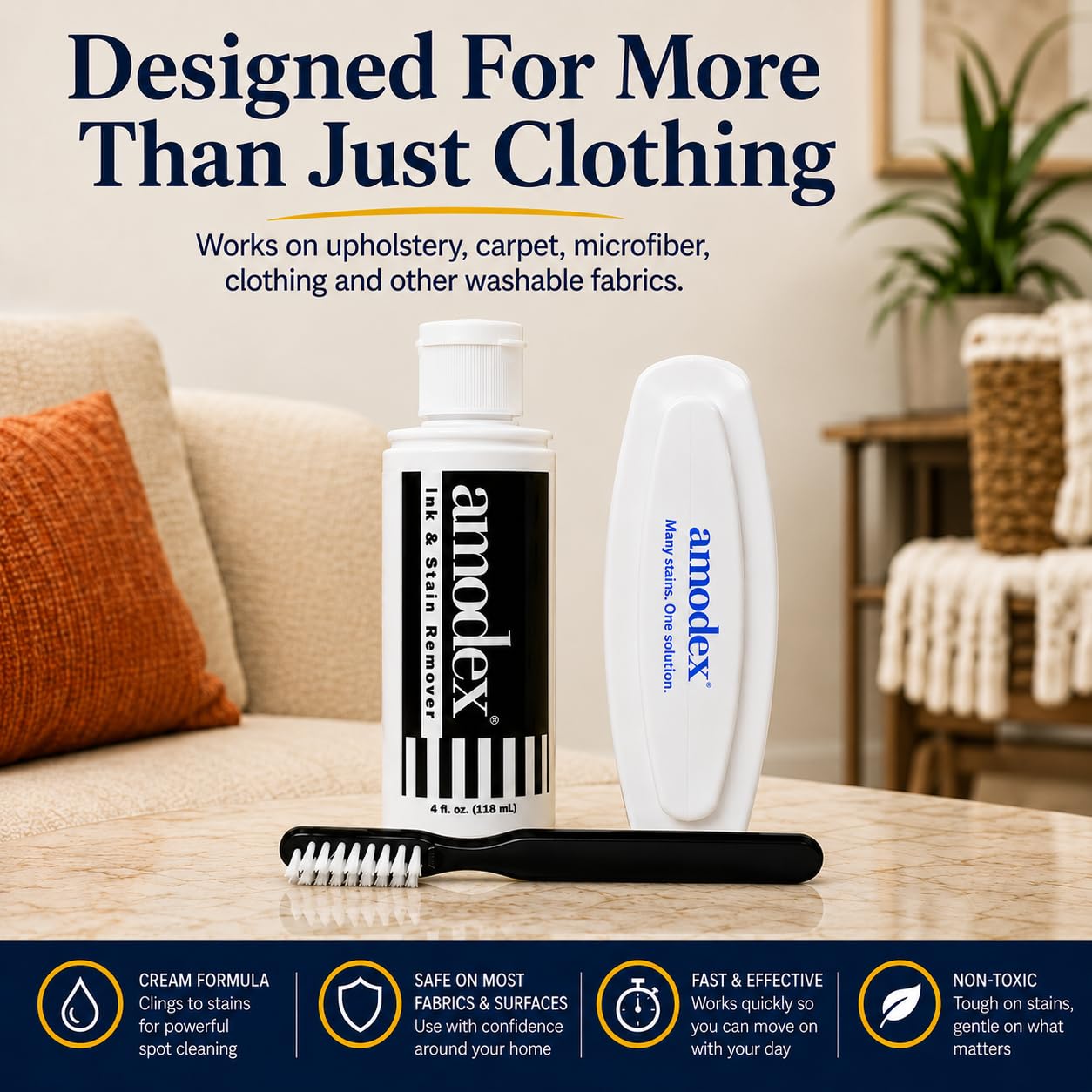 Amodex Kit de removedor de tinta y manchas, removedor de manchas para ropa, removedor de manchas de tela, removedor de tinta de ropa, removedor de manchas de sangre, botella de 4 onzas, 2 cepillos