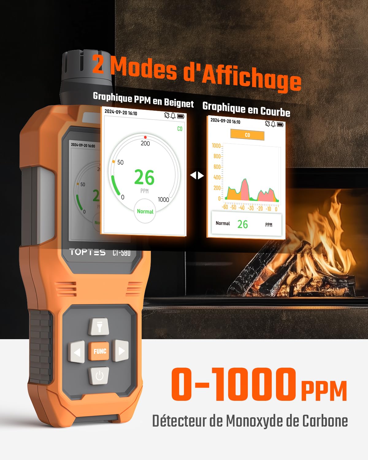 TOPTES CT-580 Détecteur de monoxyde de Carbone, détecteur de CO Rechargeable & Alarmes par Vibration, visuelles et sonores, Alarme CO Portable, 0-1000PPM pour Maison, Voiture, Camping & Voyages