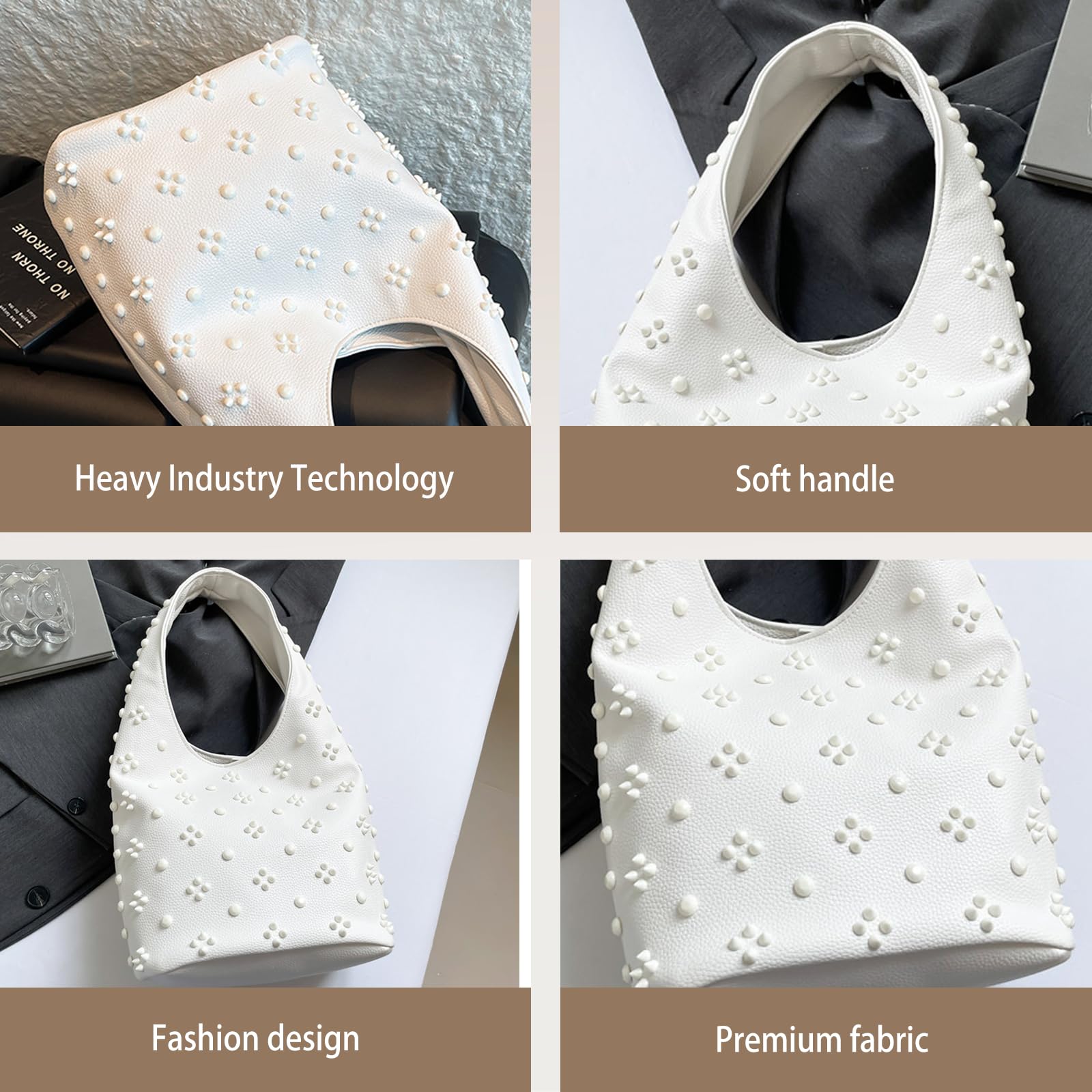 CORIOS Bolso de Mano en PU Cuero para Mujer Bolso de Hombro con Decoración de Remaches a la Moda Bolso de Axila en Estilo Cubo con Pequeña Capacidad Compras Viajes Trabajo Tote Blanco