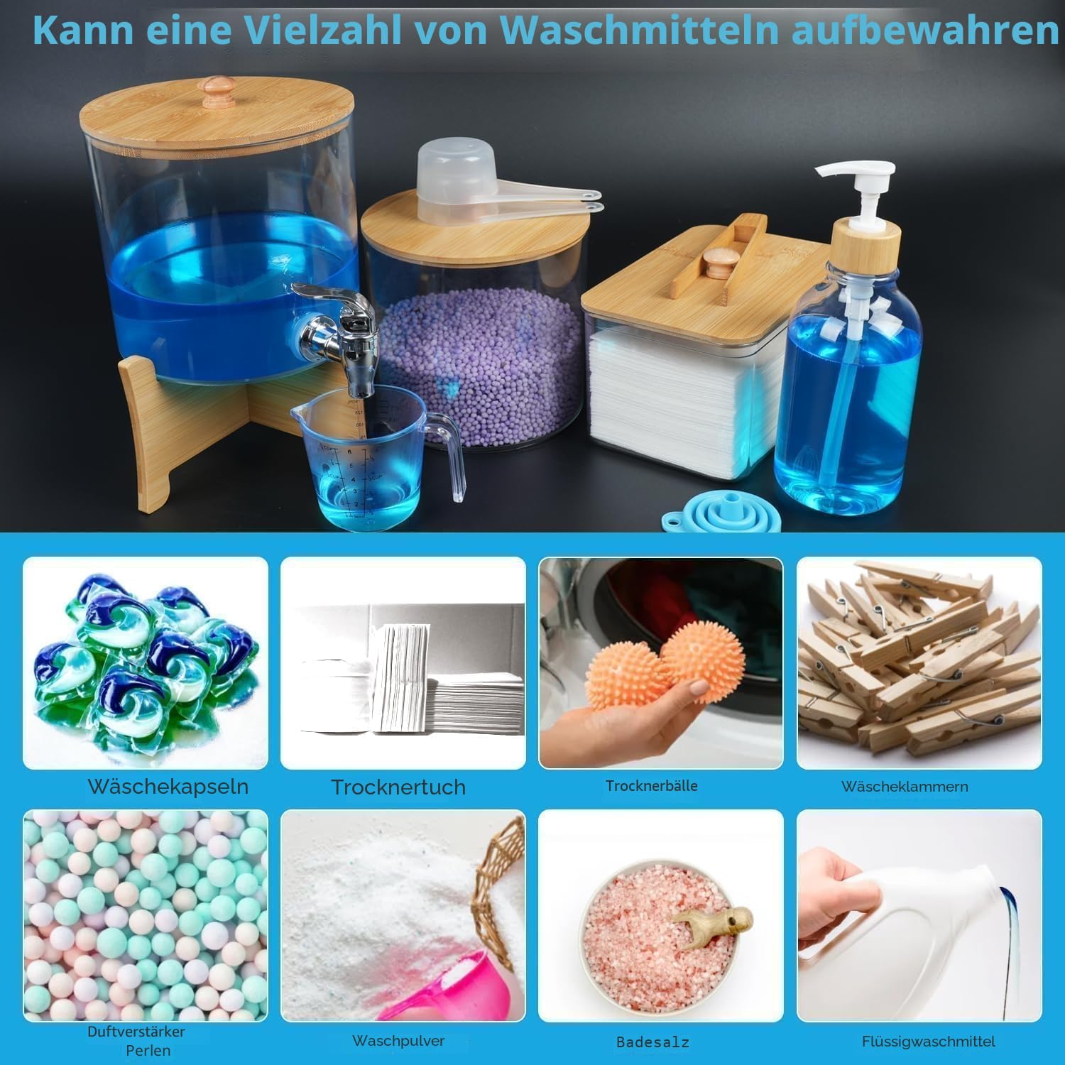 7 L Waschmittelbehälter Wäschereiorganisator Acryl - 2.4 L Wasserhahntyp Waschmittel Aufbewahrung Flüssig Mit Klammer Und Bambusabdeckun (7000ml)