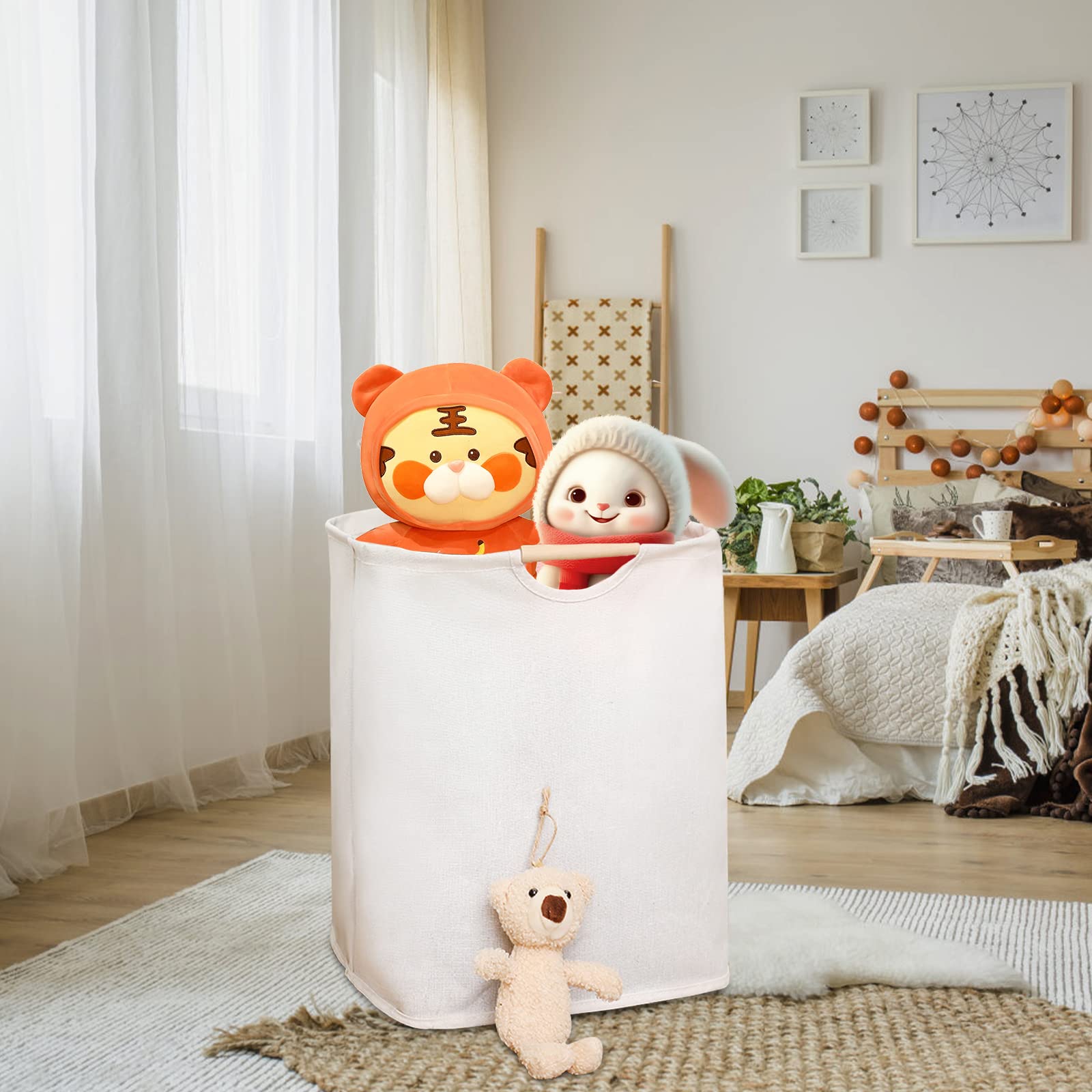 Fousenuk Cesto Ropa Plegable Blanco Gran 39×53×27 cm, Cesto Ropa Sucia Portátil con Mango de Madera, Cesta Ropa Sucia Puede Usar Dormitorios, Salas Estar, Habitaciones Niños, Baños, Viajes