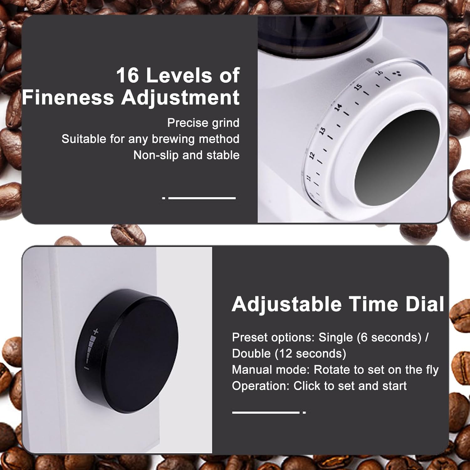 300W Automatic Coffee Grinder with Control Display, 60mm Flat Stainless Steel Knife, 16 Levels of Fineness Adjustable, Aluminum Alloy