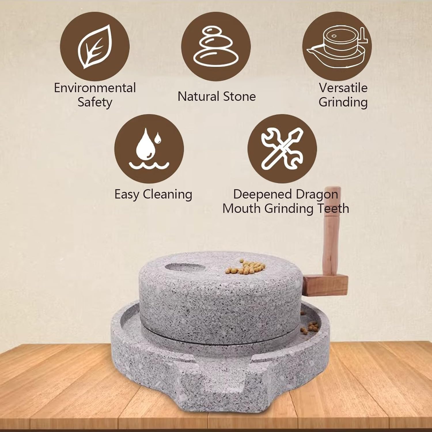 Natural Stone Grain Mill for Grinding Dry/Wet Foods, Handmade Flour Grinder, Easy to Clean Manual Mill for Coffee, Spices, Beans, Barley, Corn, Wheat (30+40cm/11.8+15.7in)