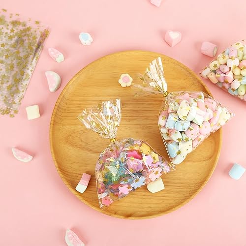 Miniatura 4 de Bolsas de celofán con estampado de estrellas doradas de 5 x 7 pulgadas, 100 bolsas de celofán transparentes para galletas, con lazos giratorios para