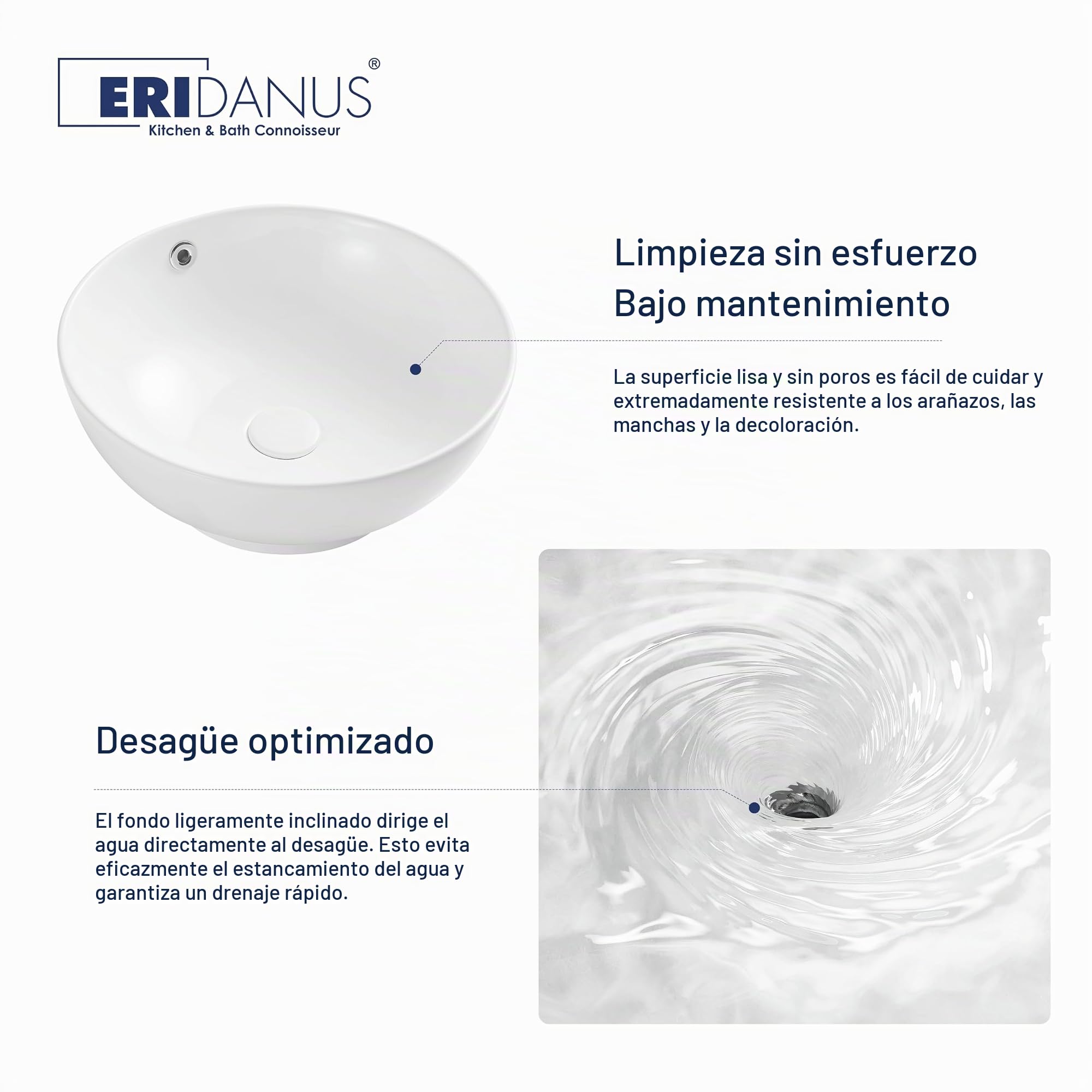 Eridanus Fregadero redondo con agujero de desbordamiento, lavabo de cerámica para encimera de baño, lavabo de porcelana vítrea para lavabo, baño, tocador, blanco brillante, 430 x 430 x 180 mm