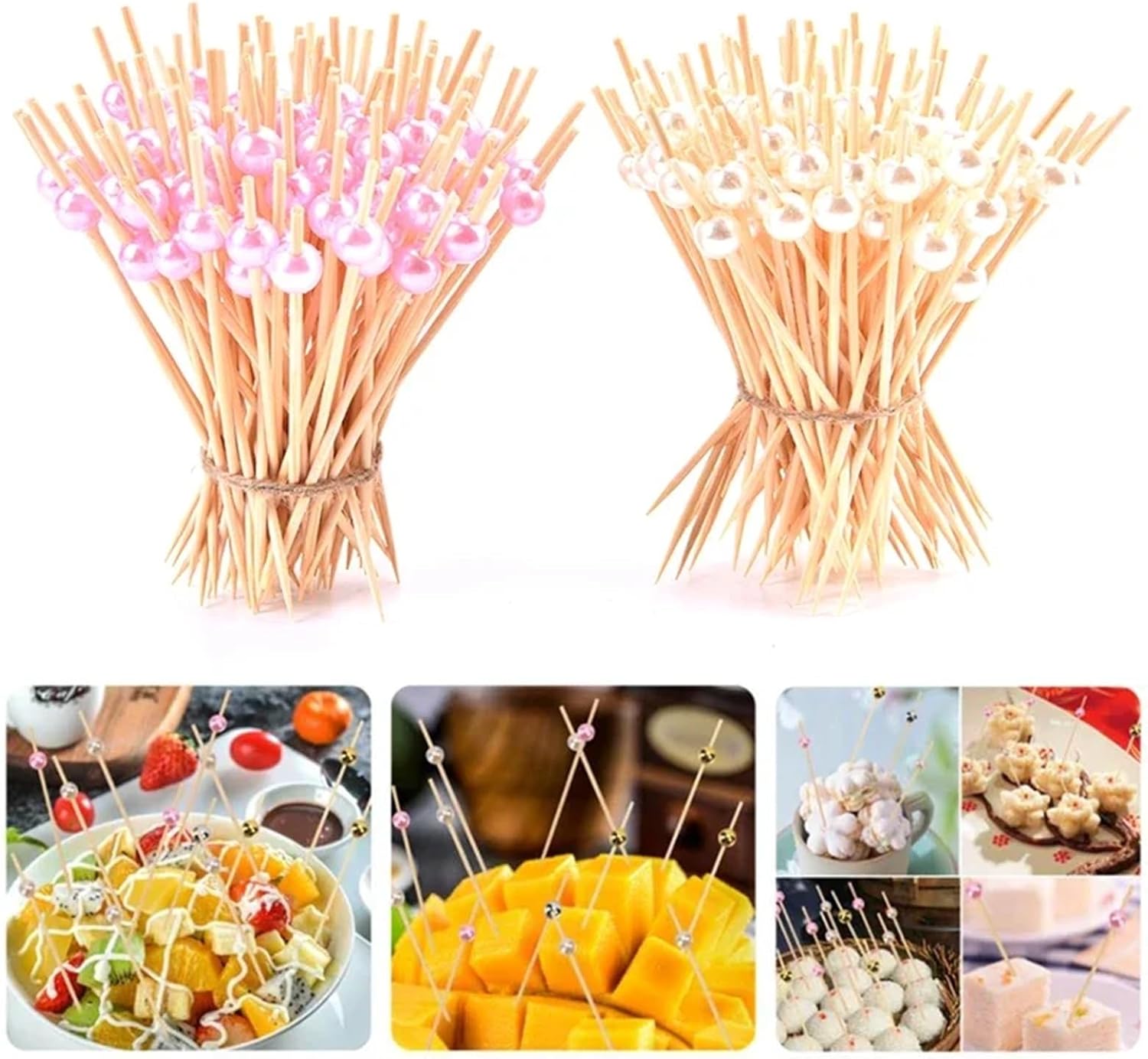 Fruit Skewers 100Pcs Pearl Cocktail Picks Wooden Toothpick Skewer Snack Fork Fruit(Pink)