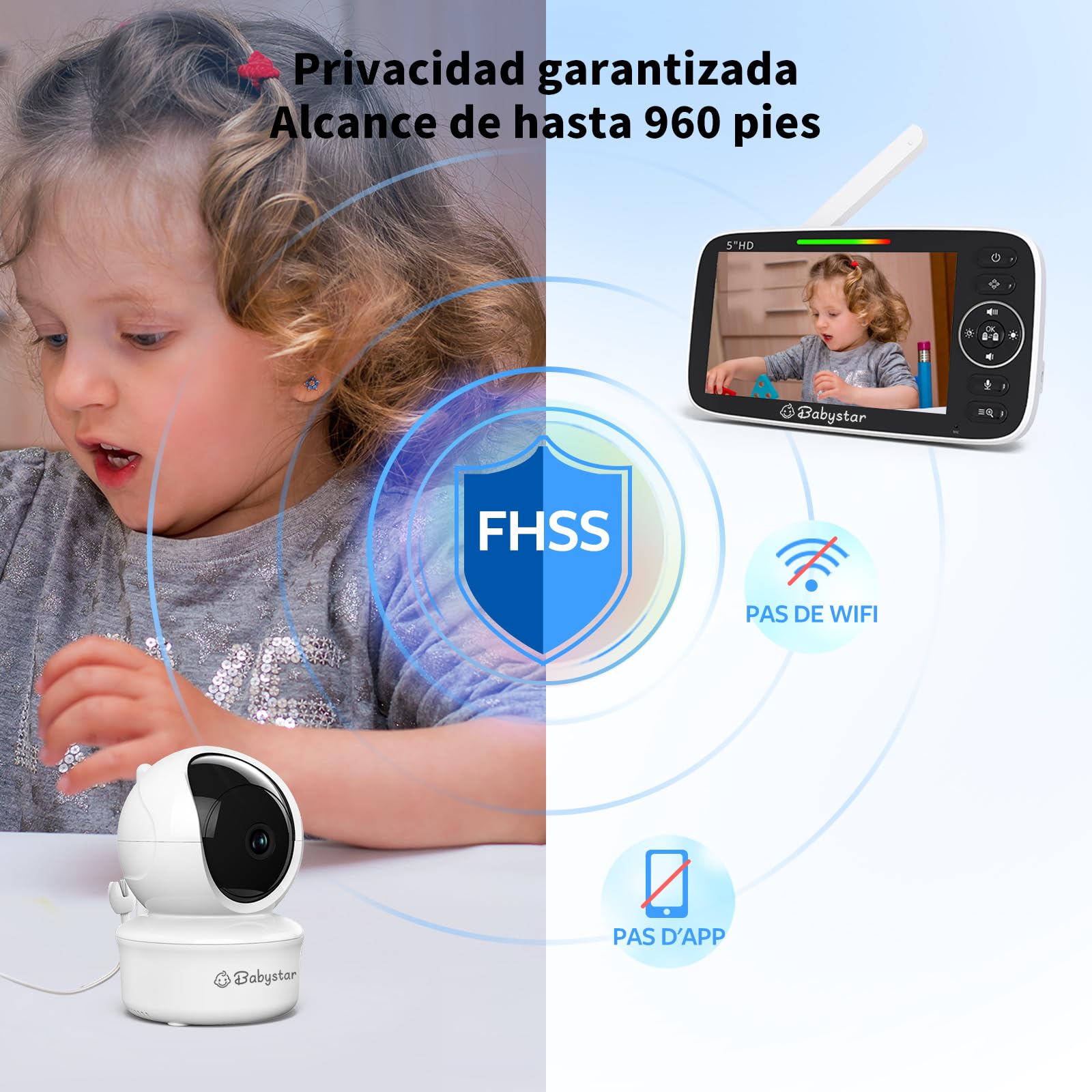 Babystar Vigilabebés con cámara de 5 Pulgadas 720P HD Vigilabebés sin WiFi con cámara y Audio, batería de 4000 mAh, Monitor de bebé, función Vox, Sensor de Temperatura, visión Nocturna