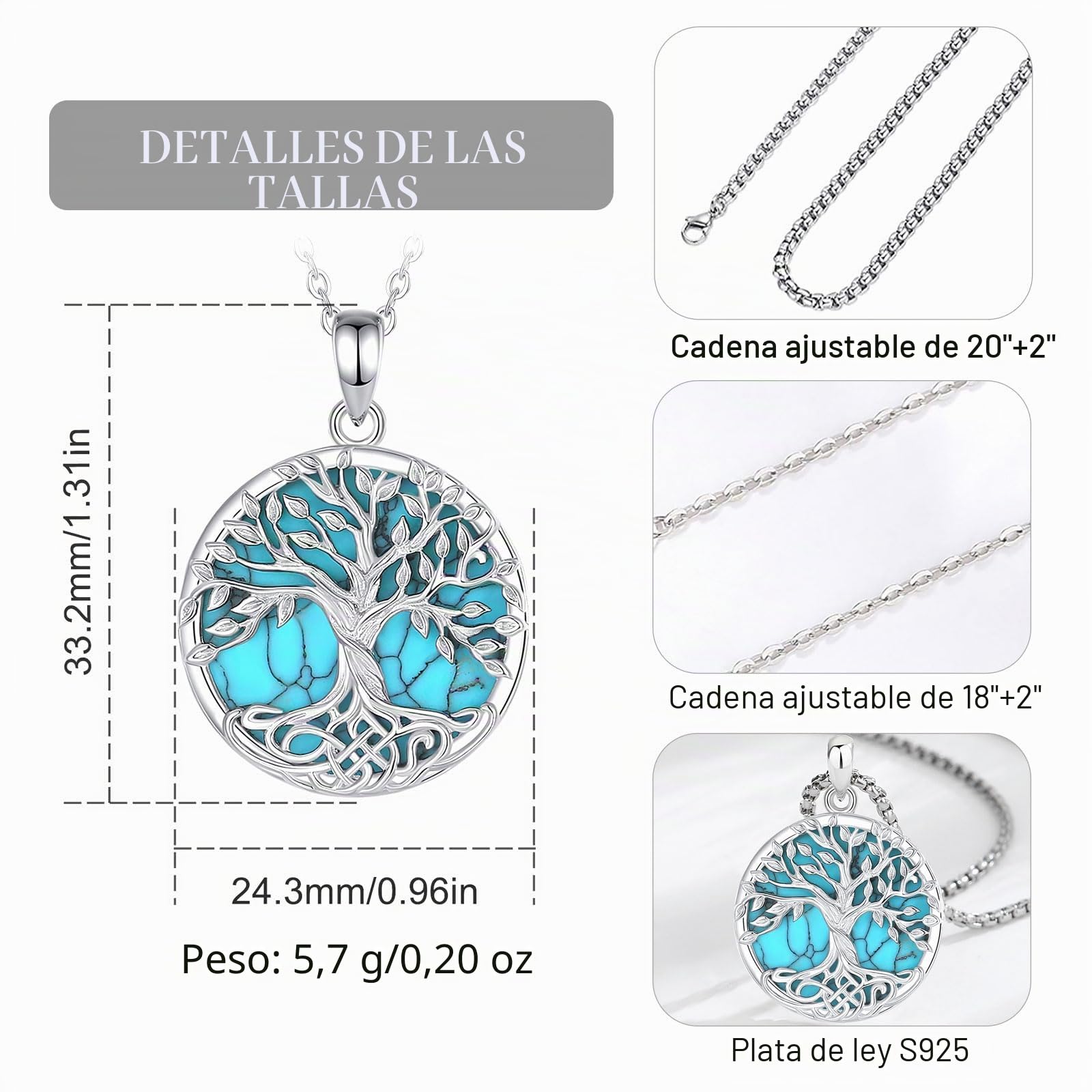 Colgante Árbol de La Vida Plata de Ley 925 Collar de Nudo Celta Árbol de La Vida Vintage Yggdrasil Turquesa Joyería, Regalo Amuleto para Mujer Hombre Madre Mama Hija, 18"