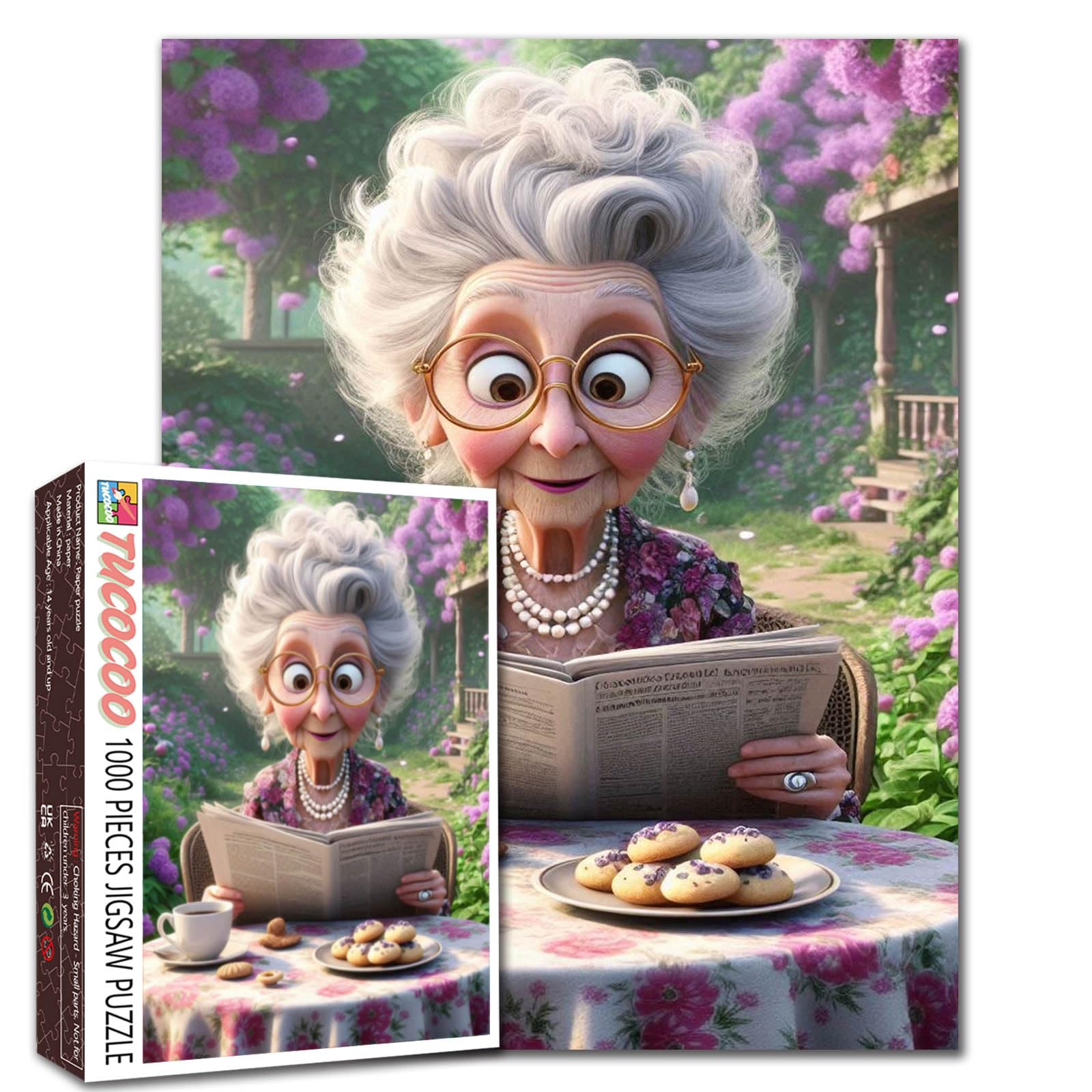 Old Granny Reading Newspaper 1000 Piece Jigsaw Puzzles for Adults Afternoon Tea Jigsaw Puzzle for Challenging Family Activity Game Garden Artwork Puzzle for Home Decor Unique Gifts 20x27 Inches — image 1