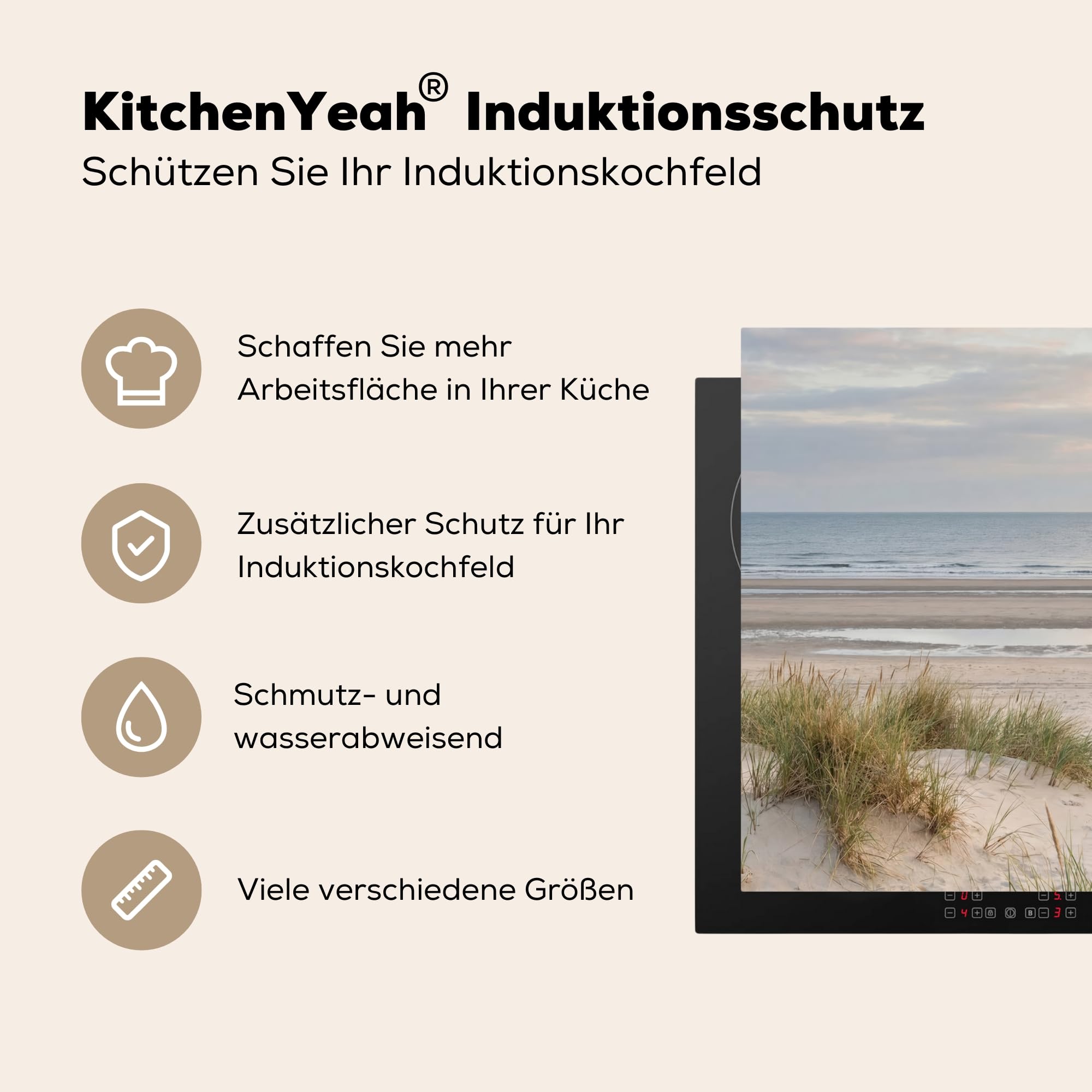 KitchenYeah© Herdabdeckplatte 58x51 cm Einteilig Küche Herdabdeckung Induktionsfeld Ceranfeld Herdabdeckplatten Vinyl Matte Aufrollbar Sandstrand - Bewölkt - Dünen