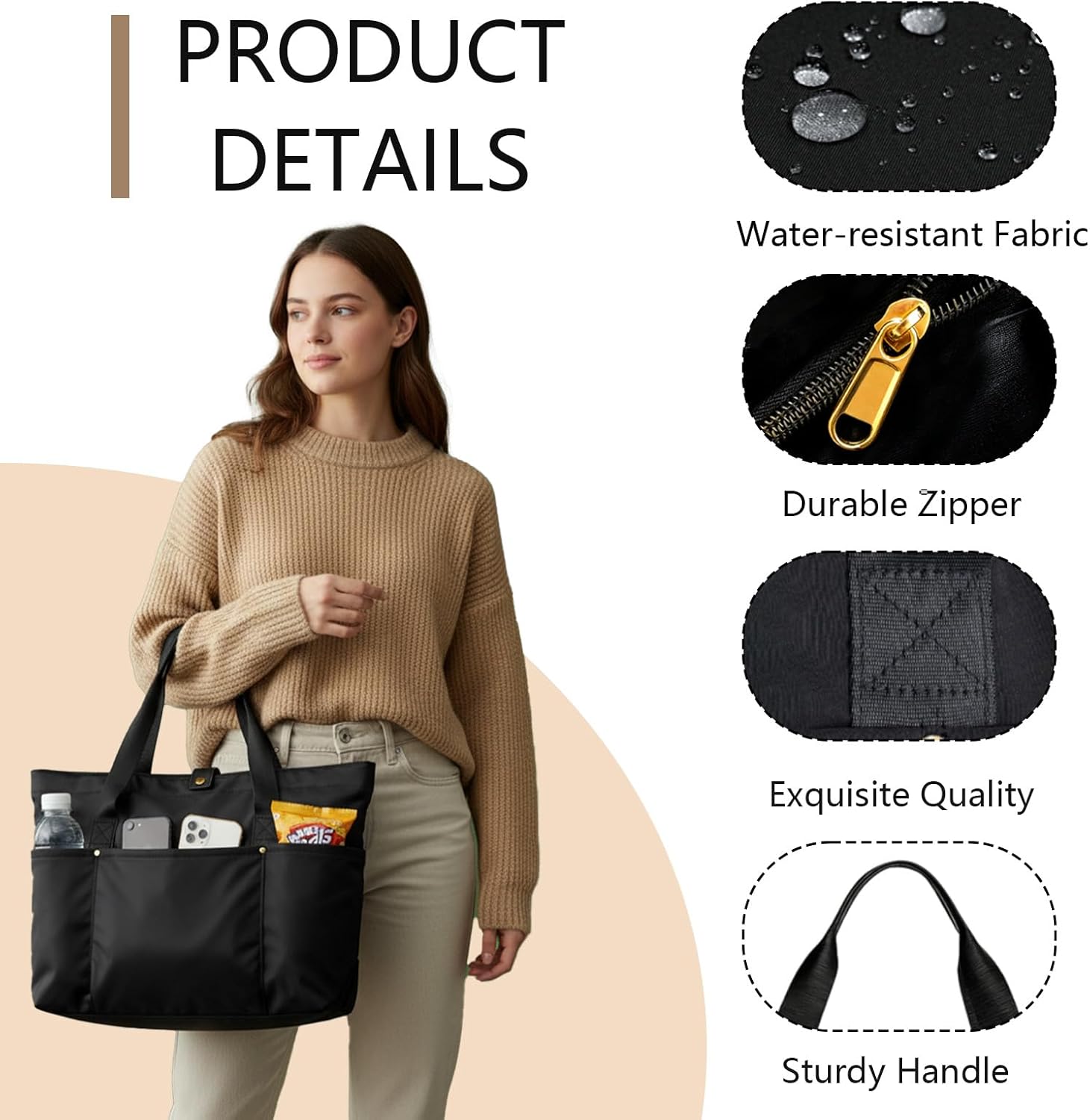 Dimore 2 Pack Foldable Tote Bags for Women, Black Large Capacity Travel Shoulder Bag Set Lightweight Waterproof Work Gym Shopping Handbags with Pockets - Image 5