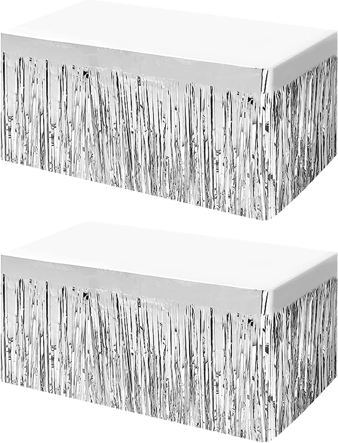 LePvo2 Pack 9 Feetx29.5 Inch Metallic Foil Fringe Tinsel Table Skirts for Rectangle Tables, Tinsel Backdrop Curtains,Party Supplies,Wedding, Birthday, Parade Floats, Christmas Decorations,（Silver）