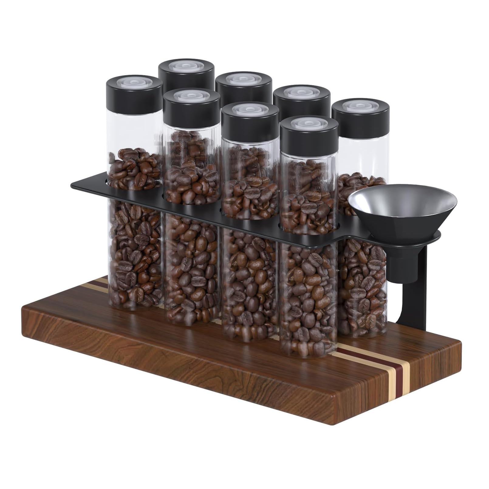 Kaffeebohnen Behälter 8 Tuben Walnuss Ständer Trichter Einzeldosis Schwarz | Espressobohnen Aufbewahrung Kaffeedose Set Portionierer Glas Röhrchen Holz Halter Dose Frischhalteventil Barista Geschenk
