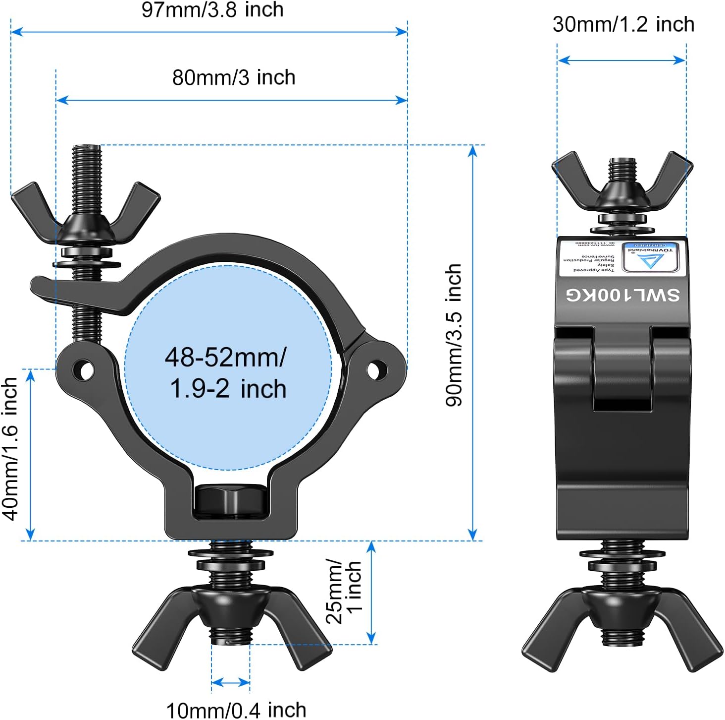 [4 Pack] Stage Lights Clamps, TUV Rheinland Certified 2" Truss Lighting Clamps, Max Load 220lbs, Truss O-Clamp Perfect for DJ Light, Par Lights, Laser Lights, Moving Head Lights - Black