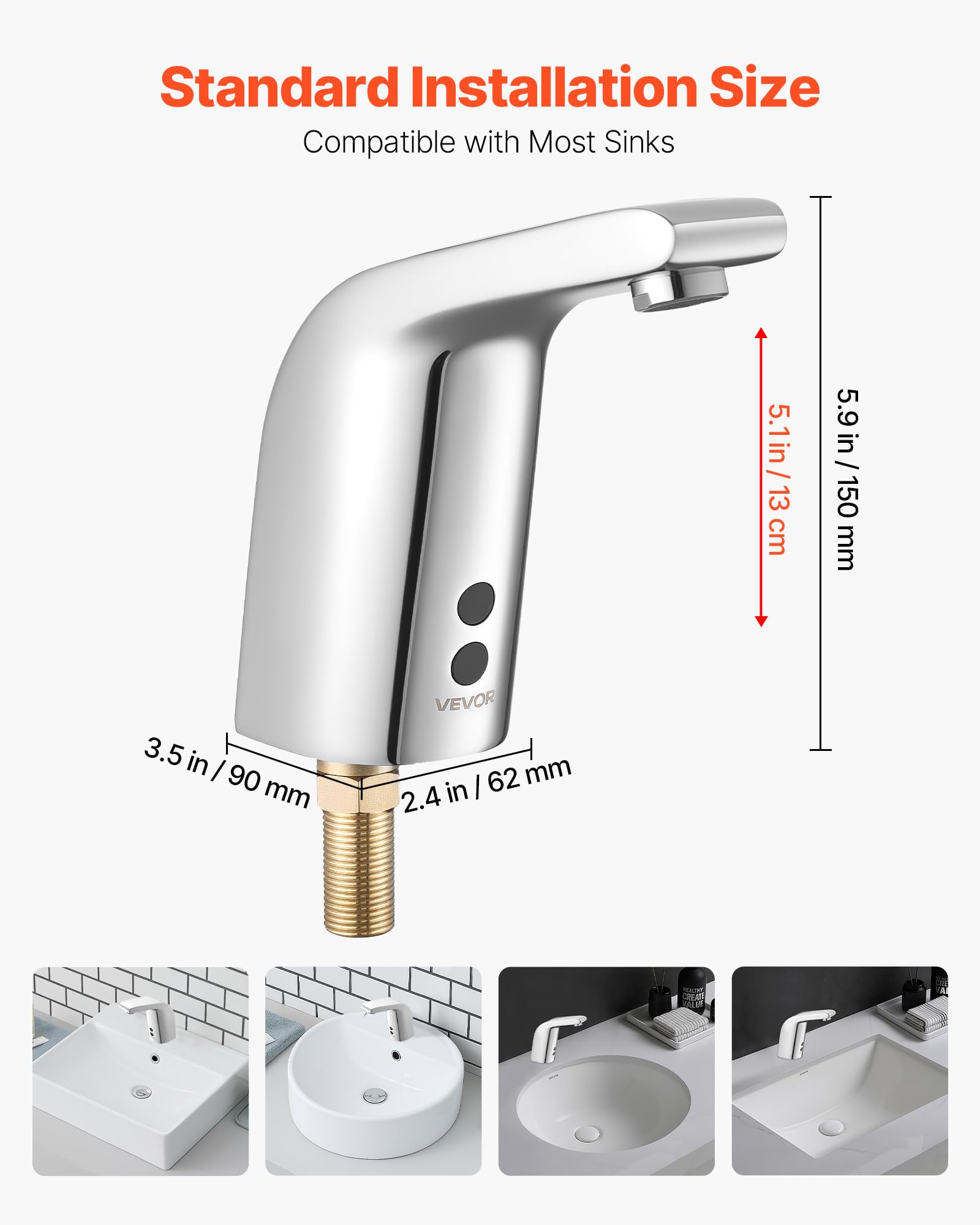VEVOR Grifo de Lavabo sin Contacto, de Latón, Grifo Automático para Inodoro de Agua Fría con Un Solo Orificio, a Pilas con Sensor, Alcance 16 cm, Cromado Plateado, 90 x 62 x 150 mm, 7,6 L/min