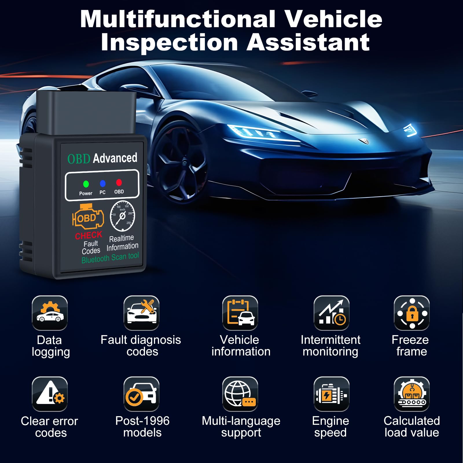 OBD2 Auto Diagnostica con 10+ Lingue, Bluetooth Diagnosi Auto Scansione dei Guasti del Veicolo, Scanner OBD2 per Auto con Protocolli Multipli per iOS, Android, Windows.