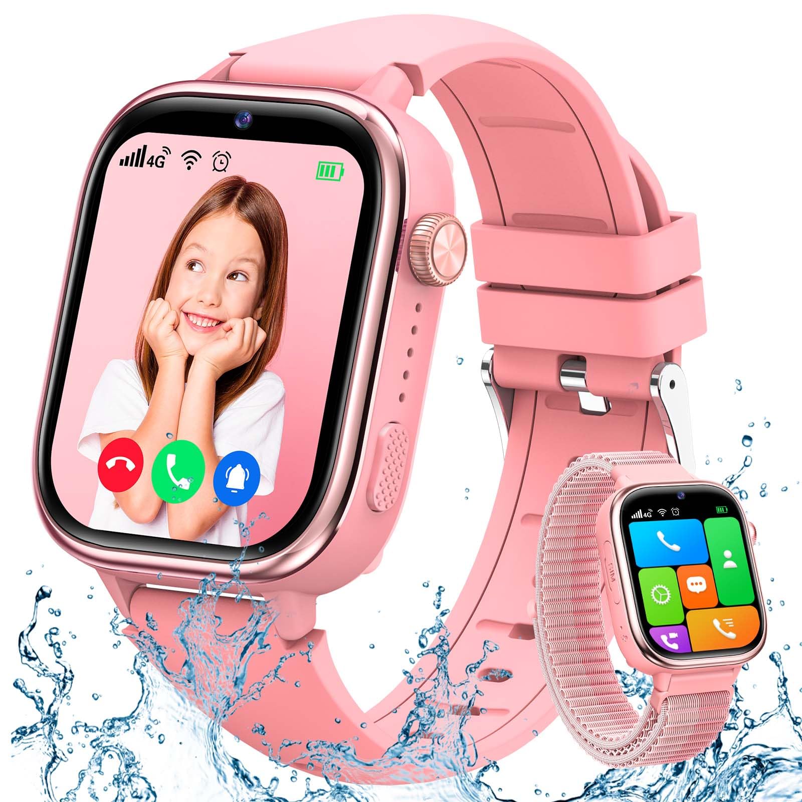 TotsyFun 4G Smartwatch Bambini, IP68 Impermeabile Smartwatch con GPS, SOS, Telefono, HD Videochiamata, Chat Vocale, Modalità Lezione, Sveglia, Sonno, Orologio Bambini per Ragazze e Ragazzi, Rosa