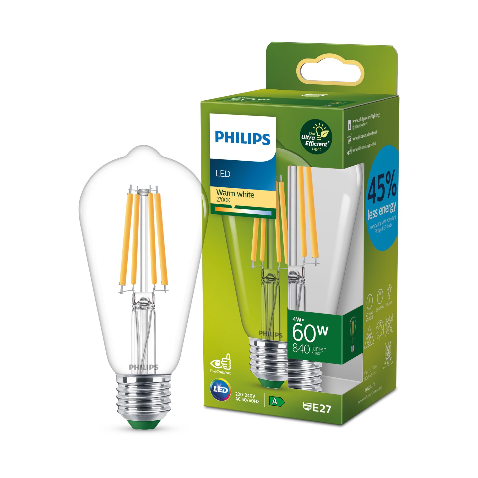 Philips Warm White Classic Ultra-Efficient Led Bulb With Energy Efficiency Class A, E27 Base, Replaces 60W, Clear, Light, Edison Shape