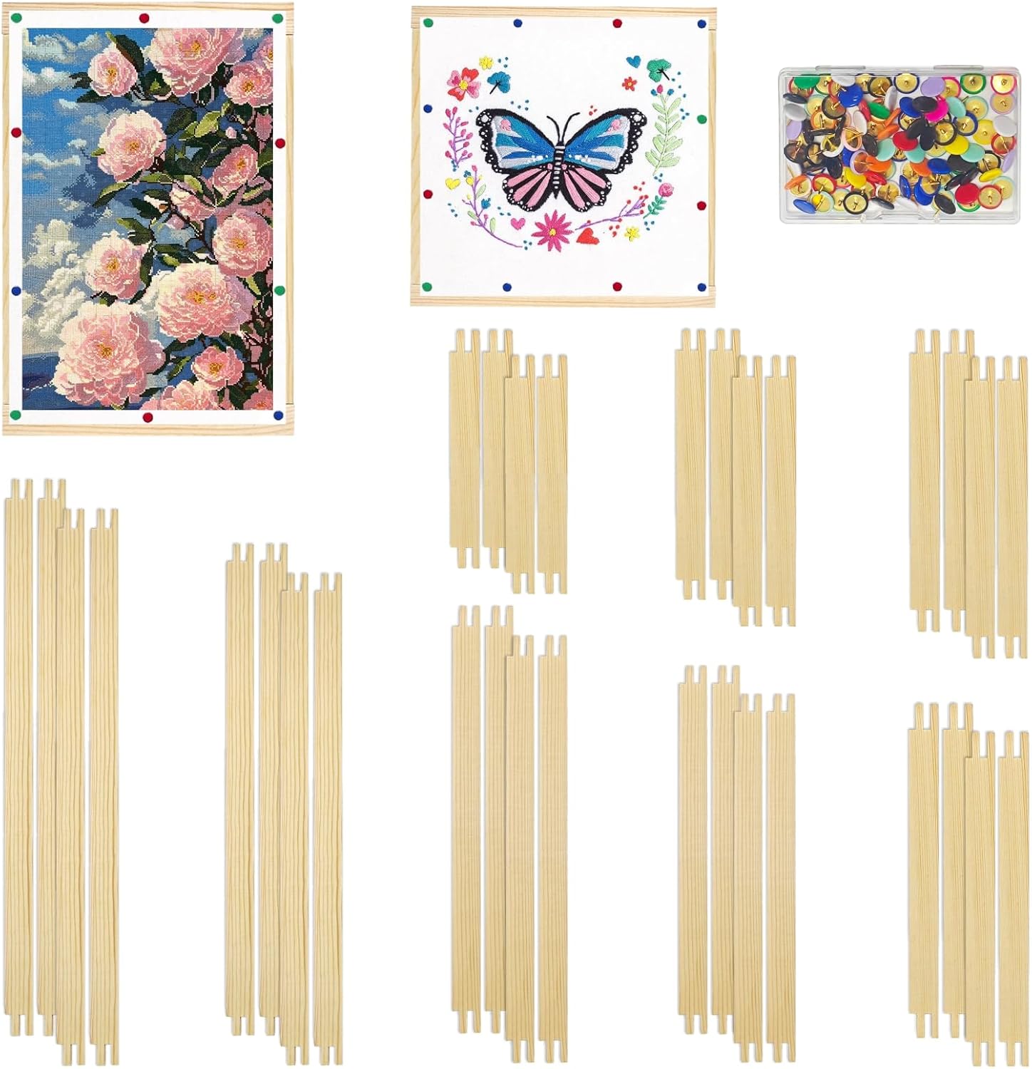 16 Sets Stretcher Bars for Needlework with 100 Pcs Thumb Tacks, 32 Pcs 8 Sizes Wooden Canvas Frame for Embroidery Stitch Frame Set Bundle with Art Crafts Supplies