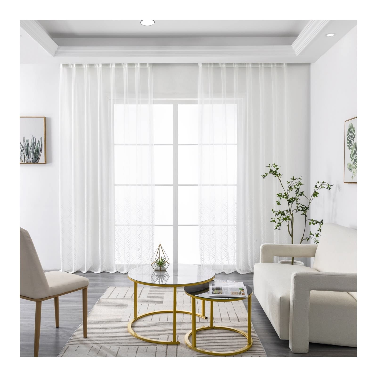 Rideau Interieur Blanc, Rideau Chambre Voilage Polyester Croix Transparente Lot de 2 Paire de Rideaux Salon 34X84Inch(86X214CM)