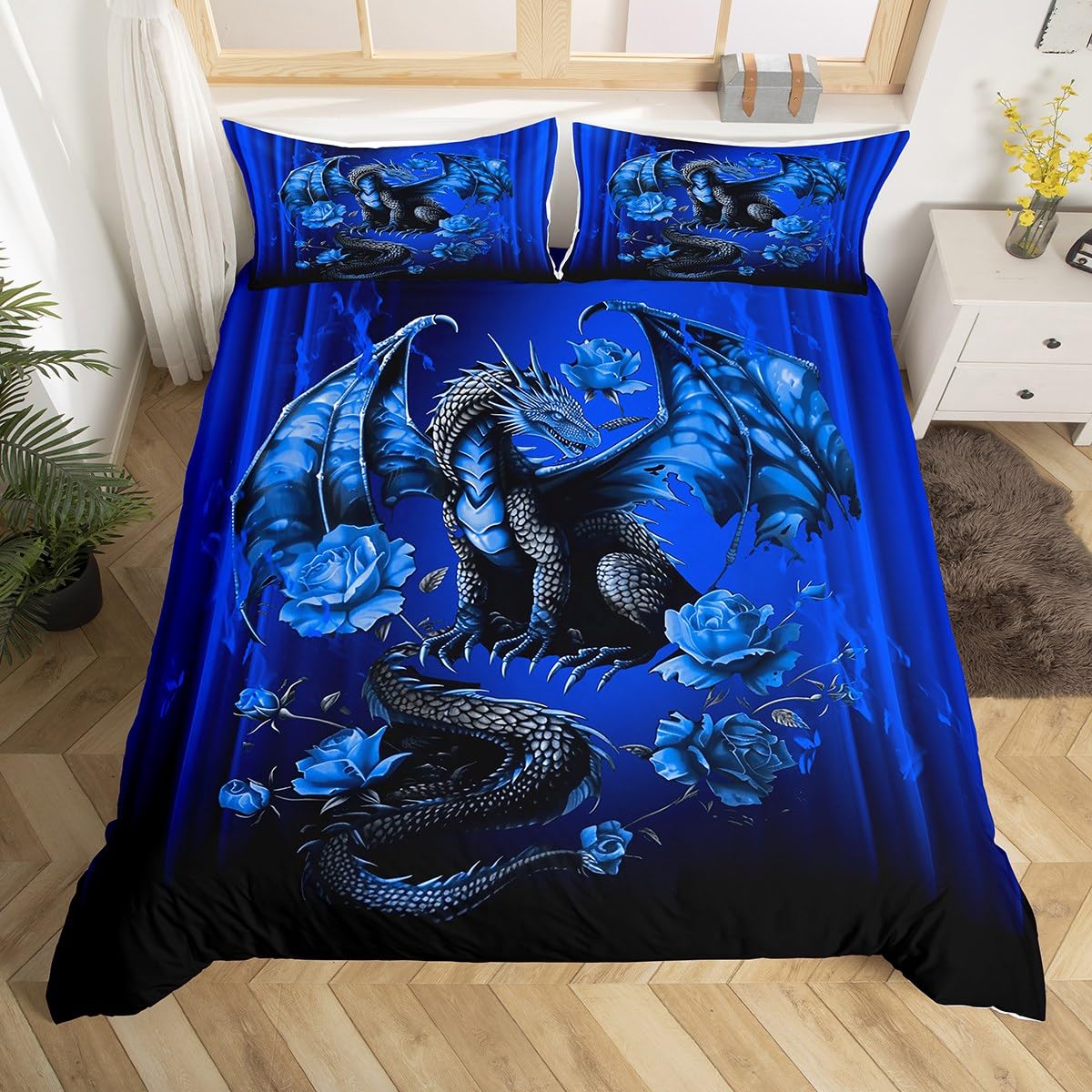 Homemissing Dragon Duvet Cover Blue Gradient Ombre Dragon Teens Women Bedding Set for Kids Boys Girls Rose Flower Dragon Decor Comforter Cover Romantic Bedspread Cover 2Pcs Single Size