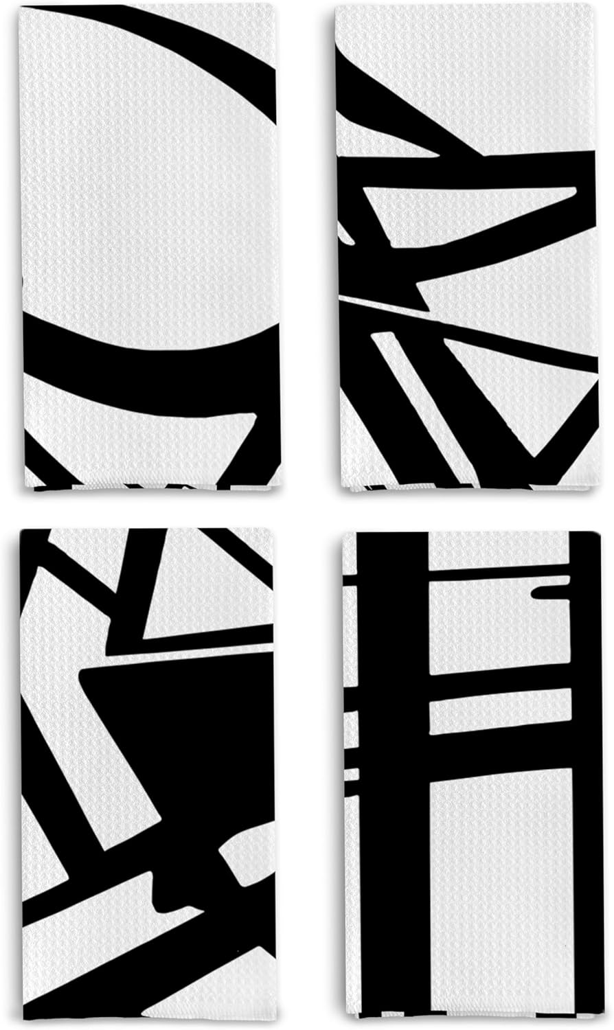 Abstract Black and White Kitchen Dish Towels Set of 4 - Mid Century Modern Black and White Decorative Hand Towels for Bathroom Kitchen, Modern Home Decor, 16x24 Inches
