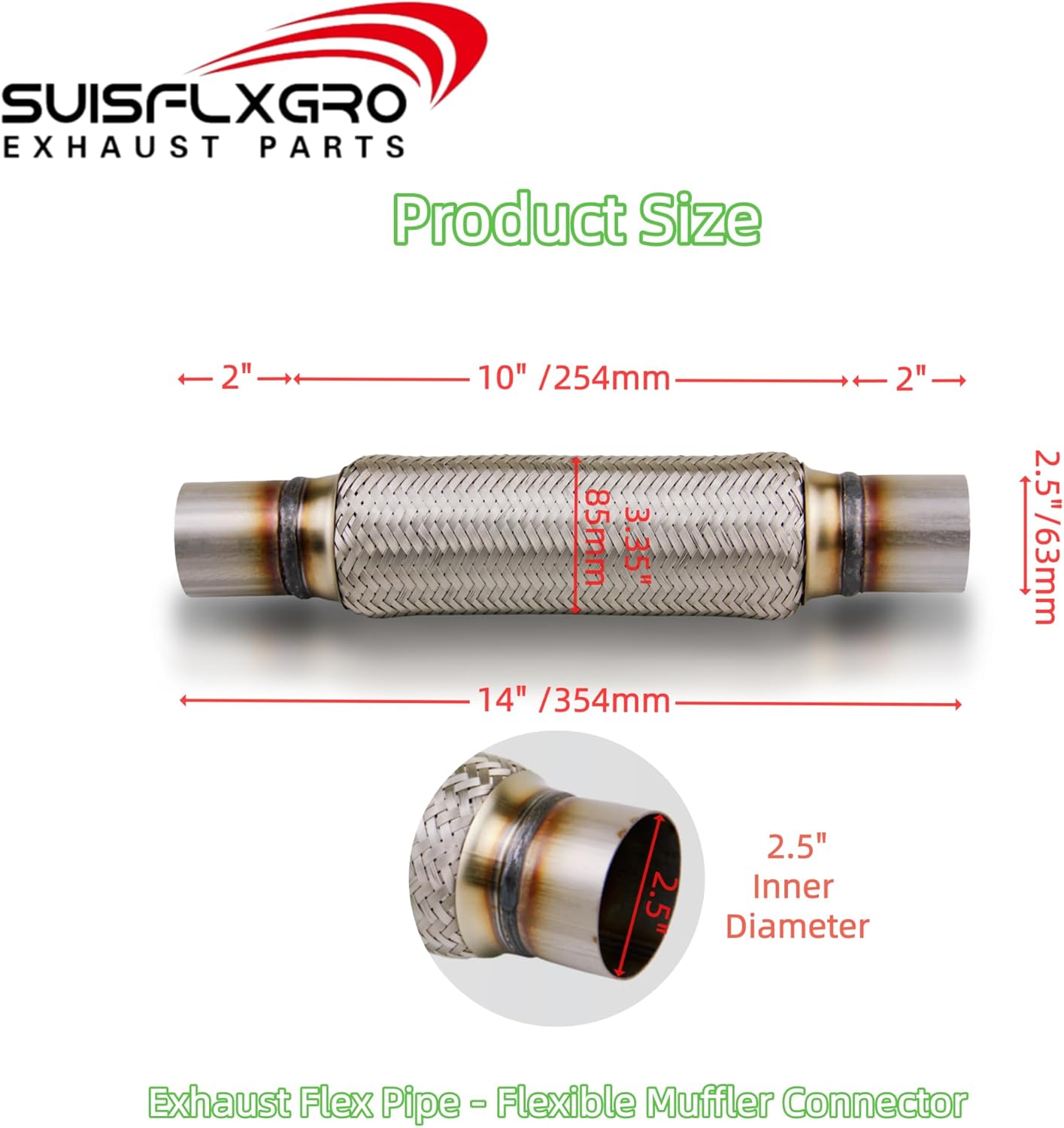 Exhaust Flex Pipe Universal Type 100% Stainless Steel For Heavy Duty and Cars (1 PC, 2..5X10X14)