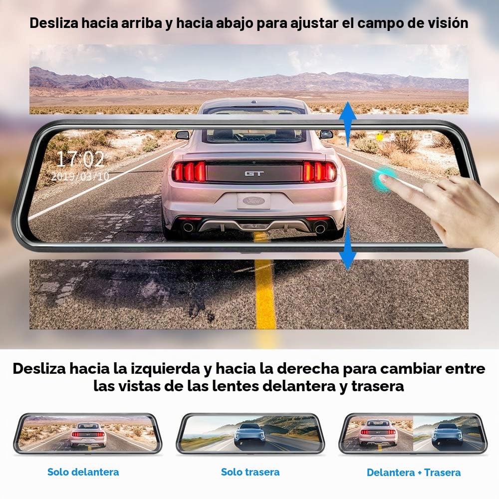 Cámara de salpicadero con espejo de 10 pulgadas, visión nocturna 1080P FHD, pantalla táctil completa, cámara de respaldo para coches, grabación en bucle, medios de transmisión, gran angular de 170°