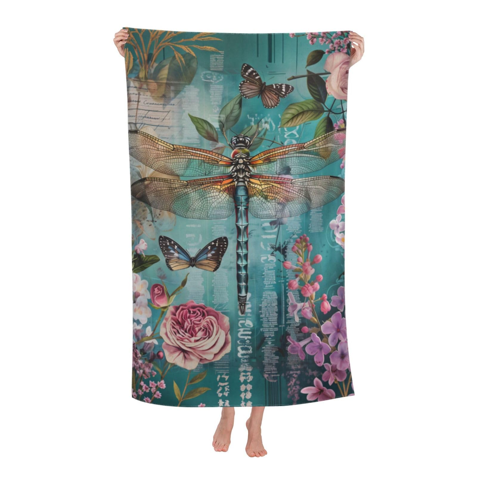 HLBSDM Dragonfly Beach Towel 31inx51in Botanical and Butterfly Sand Free Microfiber Bath Towel Ultra Soft Quick Dry Pool Towel Absorbent Towel Lightweight Towel for Swimming Bathroom Decor