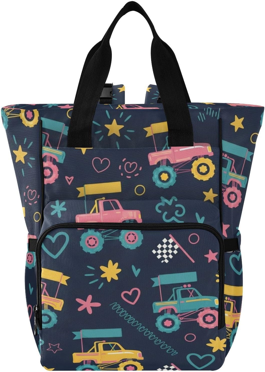 SPRIPORT Monster Trucks Hearts Print Diaper Bag Backpack for Baby Boys Girls Multifunction Baby Essentials Travel Tote with Stroller Straps & Bottle Storage Maternity Travel Bag for Moms Dads